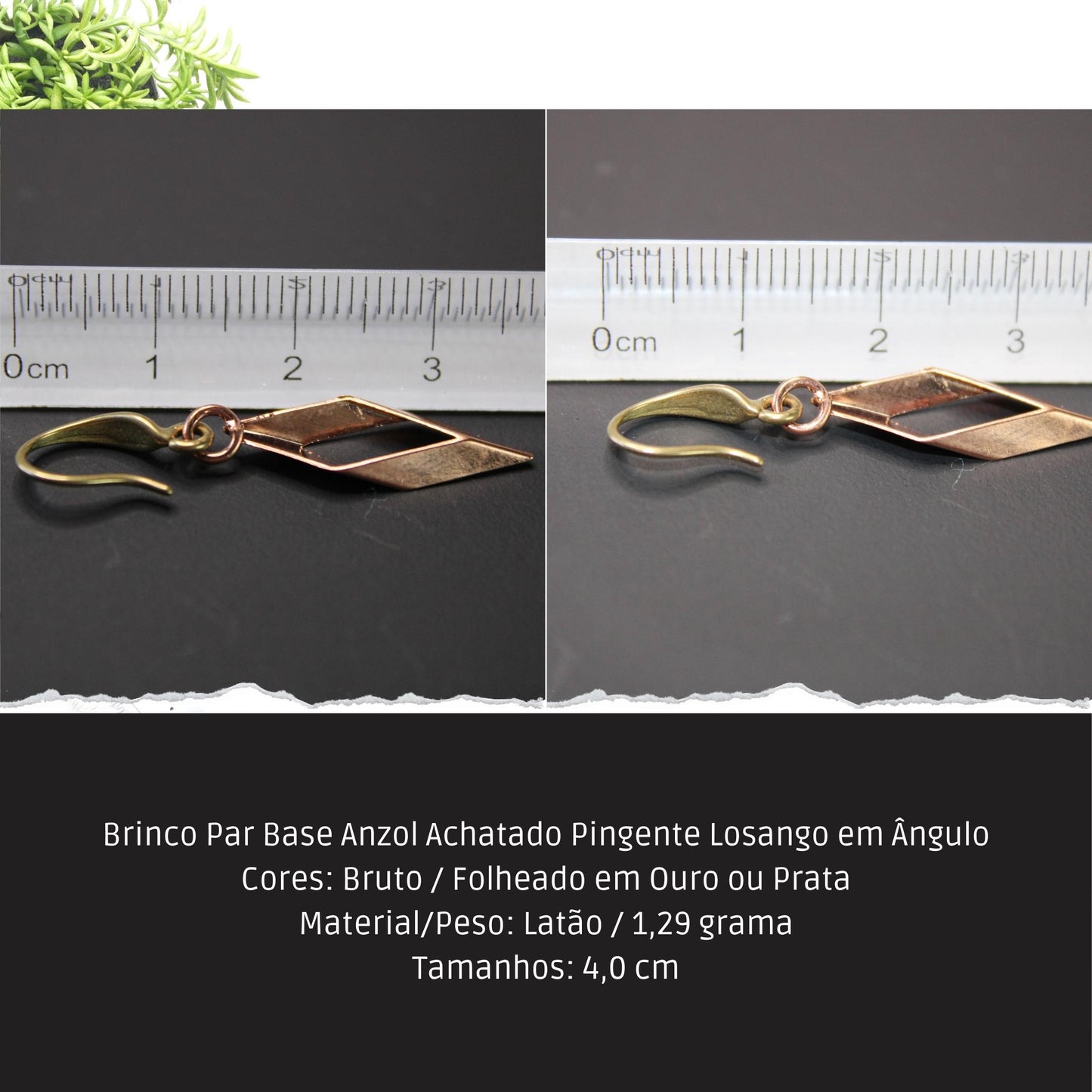 Brinco Par Base Anzol Achatado Pingente Losango em Ângulo  - Código.: BR230007AIBR  - Peso.: 1.3 gr