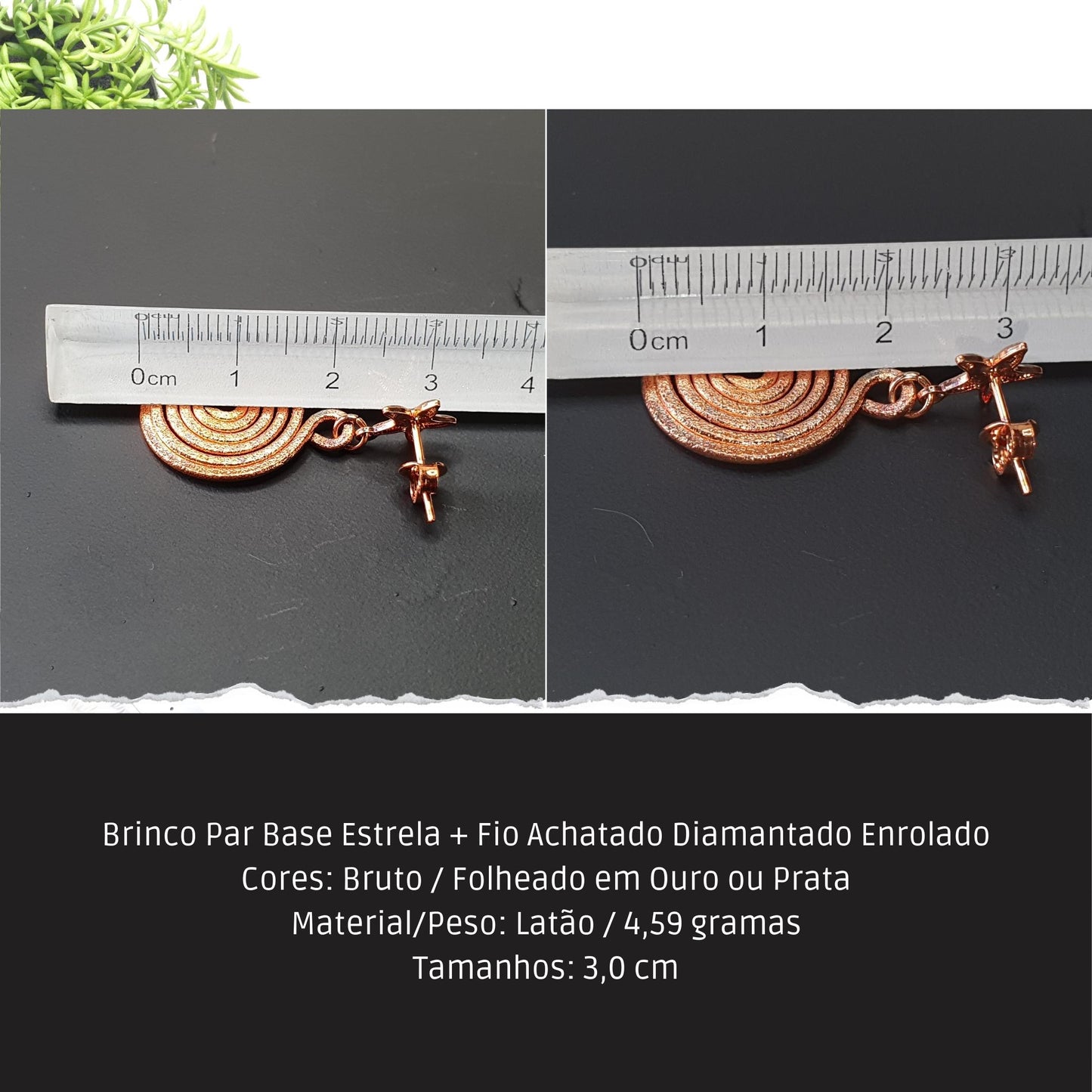Brinco Par Base Estrela + Fio Achatado Diamantado Enrolado  - Código.: BR230008AIBR  - Peso.: 4.6 gr
