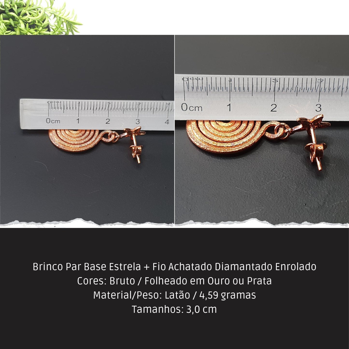 Brinco Par Base Estrela + Fio Achatado Diamantado Enrolado  - Código.: BR230008AIBR  - Peso.: 4.6 gr