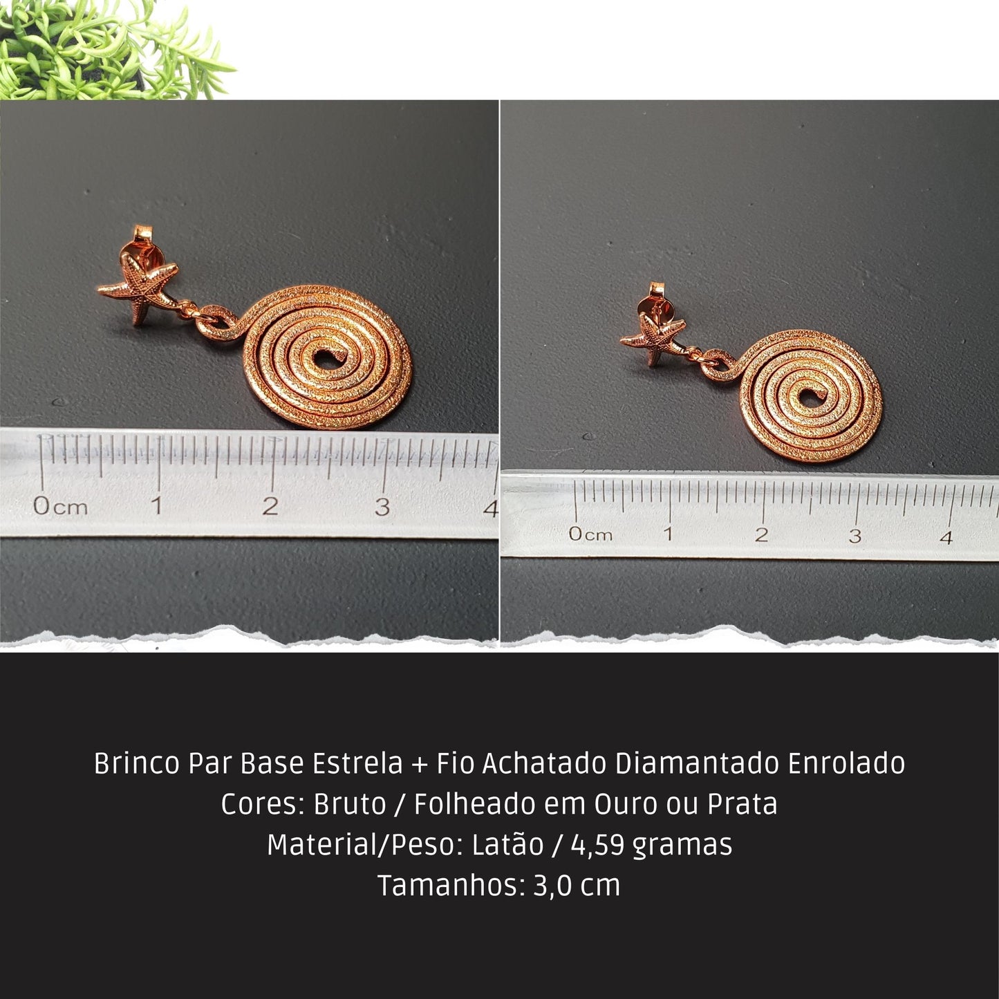 Brinco Par Base Estrela + Fio Achatado Diamantado Enrolado  - Código.: BR230008AIBR  - Peso.: 4.6 gr