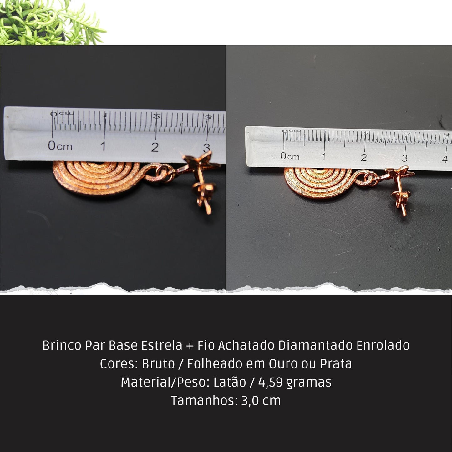 Brinco Par Base Estrela + Fio Achatado Diamantado Enrolado  - Código.: BR230008AIBR  - Peso.: 4.6 gr