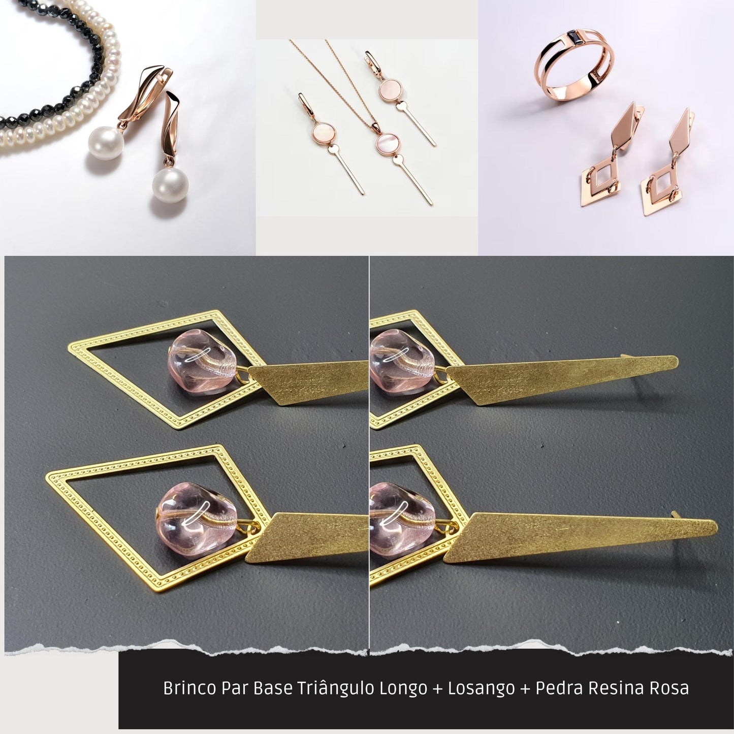 Brinco Par Base Triângulo Longo + Losango + Pedra Resina Rosa  - Código.: BR230009AIBR  - Peso.: 5.3 gr