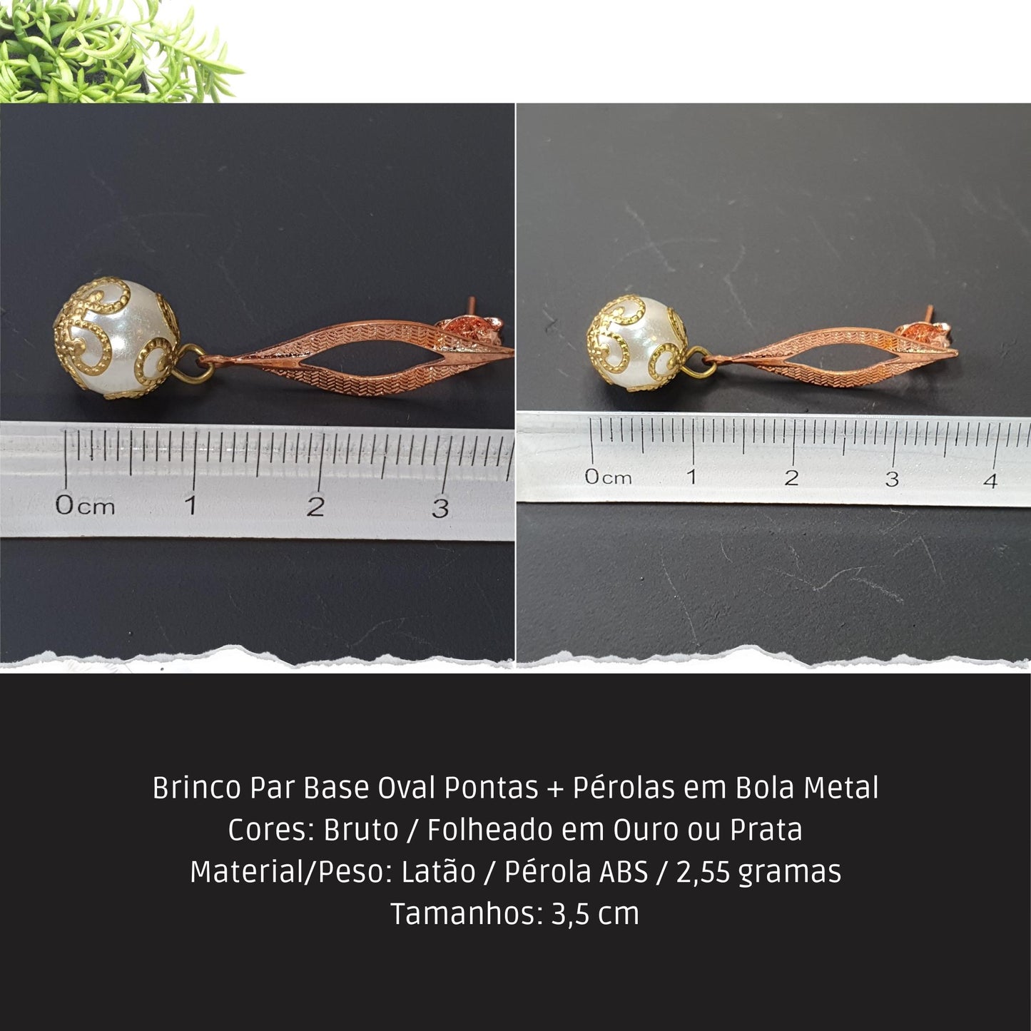 Brinco Par Base Oval Pontas + Pérolas em Bola Metal  - Código.: BR230010AIBR  - Peso.: 2.6 gr