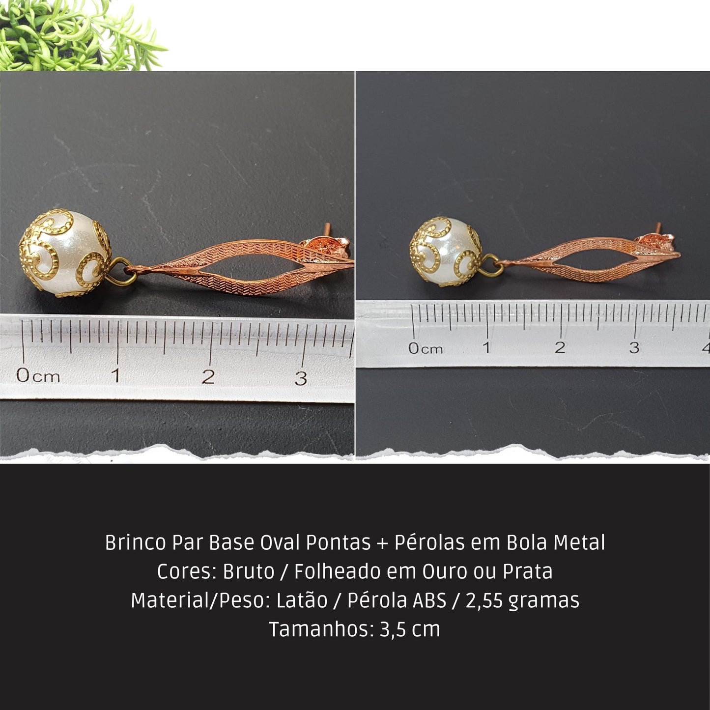 Brinco Par Base Oval Pontas + Pérolas em Bola Metal  - Código.: BR230010AIBR  - Peso.: 2.6 gr
