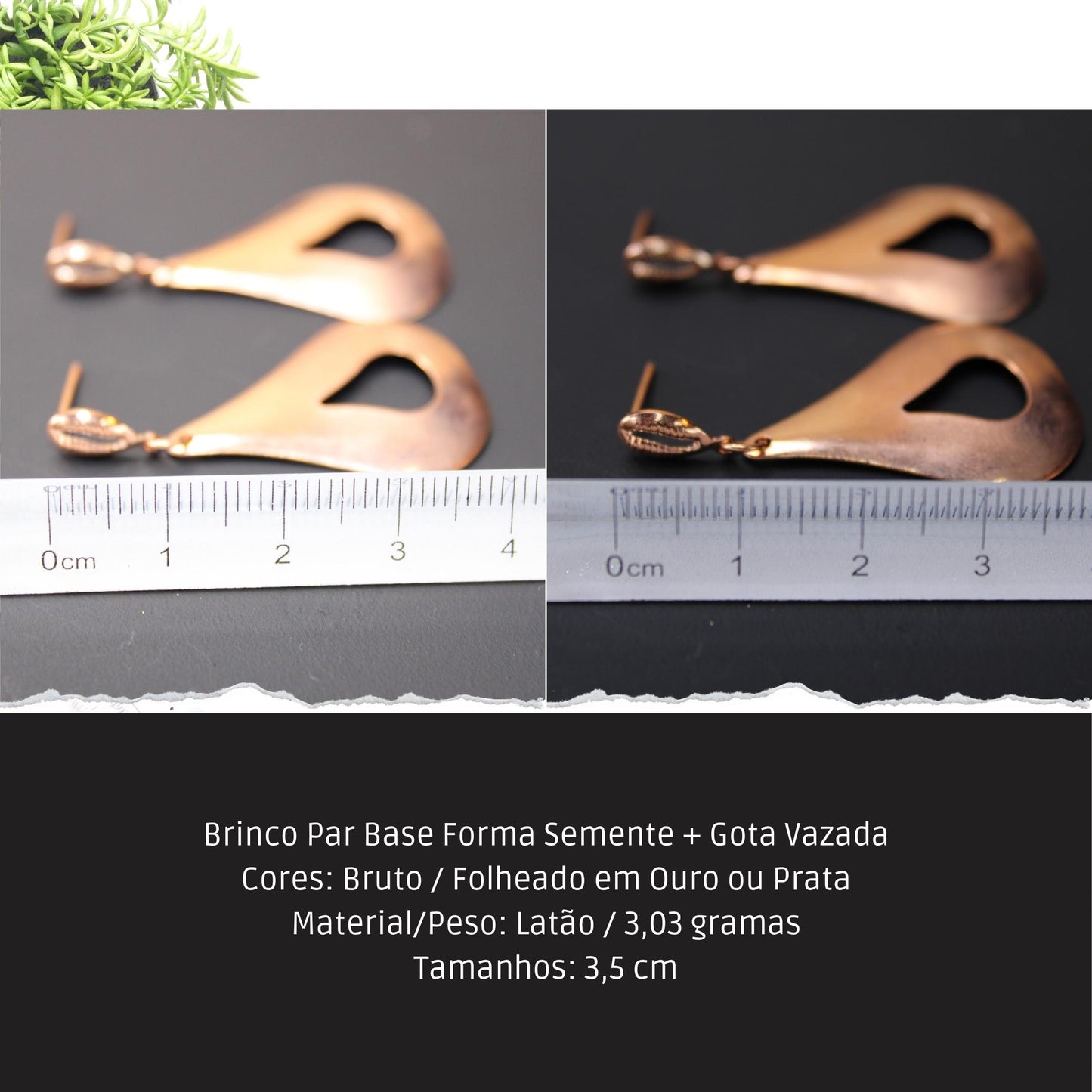 Brinco Par Base Forma Semente + Gota Vazada  - Código.: BR230013AIBR  - Peso.: 3.0 gr