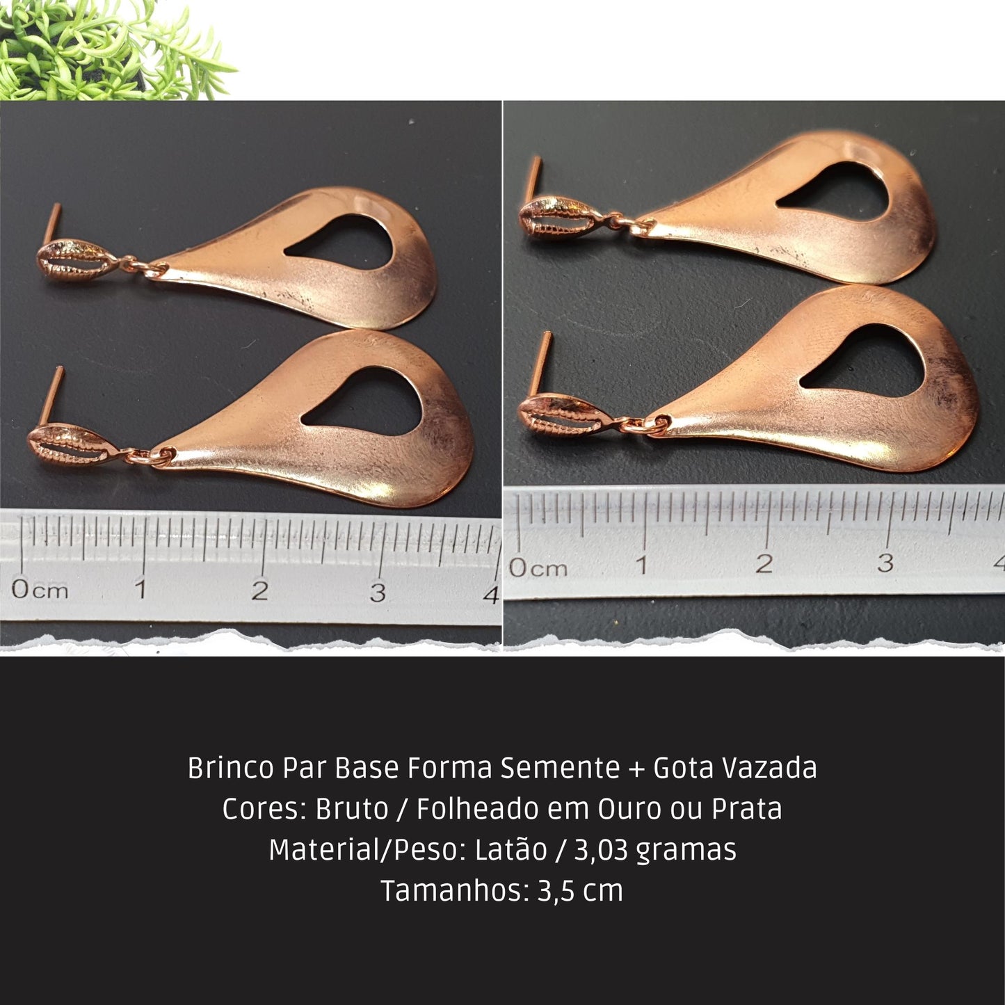 Brinco Par Base Forma Semente + Gota Vazada  - Código.: BR230013AIBR  - Peso.: 3.0 gr