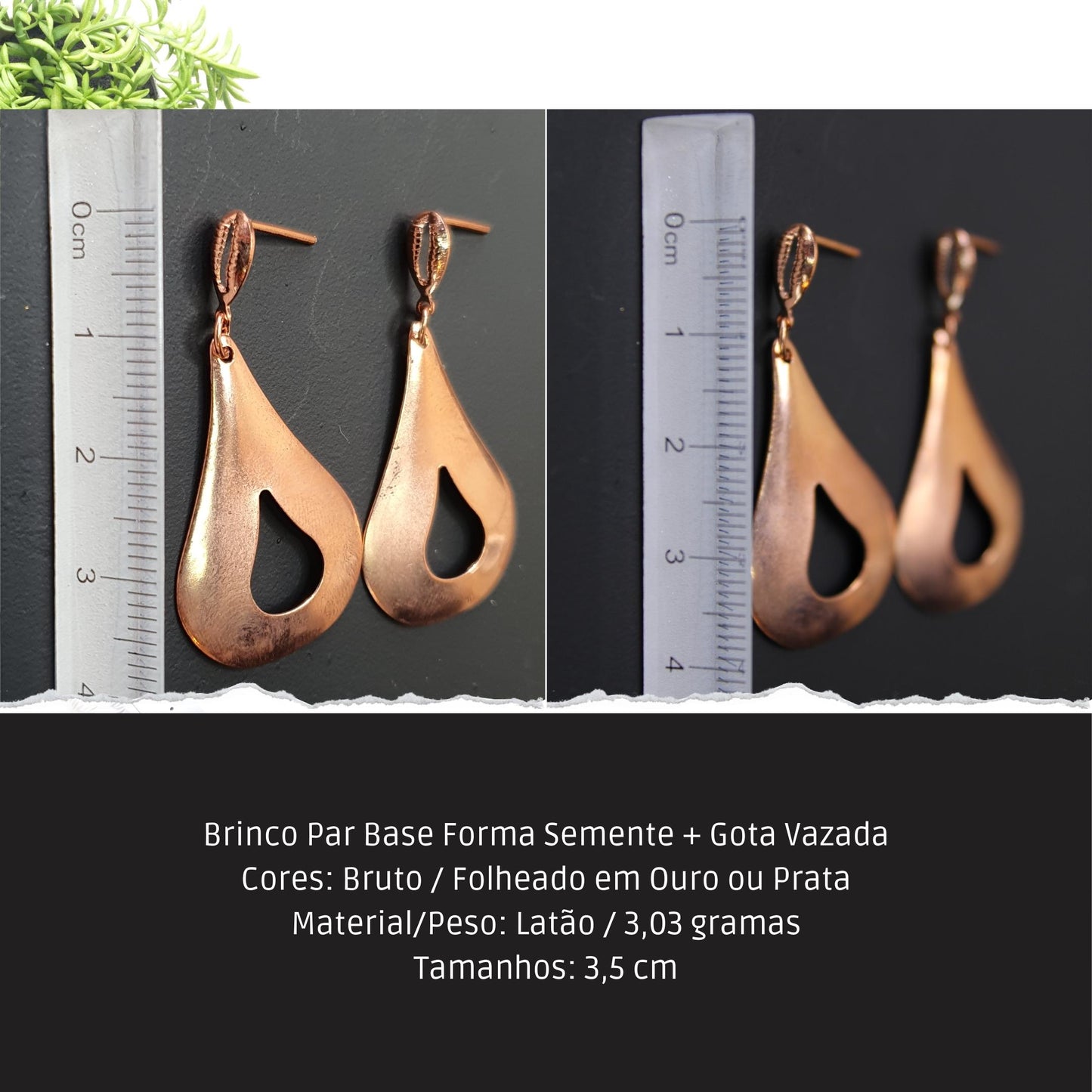 Brinco Par Base Forma Semente + Gota Vazada  - Código.: BR230013AIBR  - Peso.: 3.0 gr