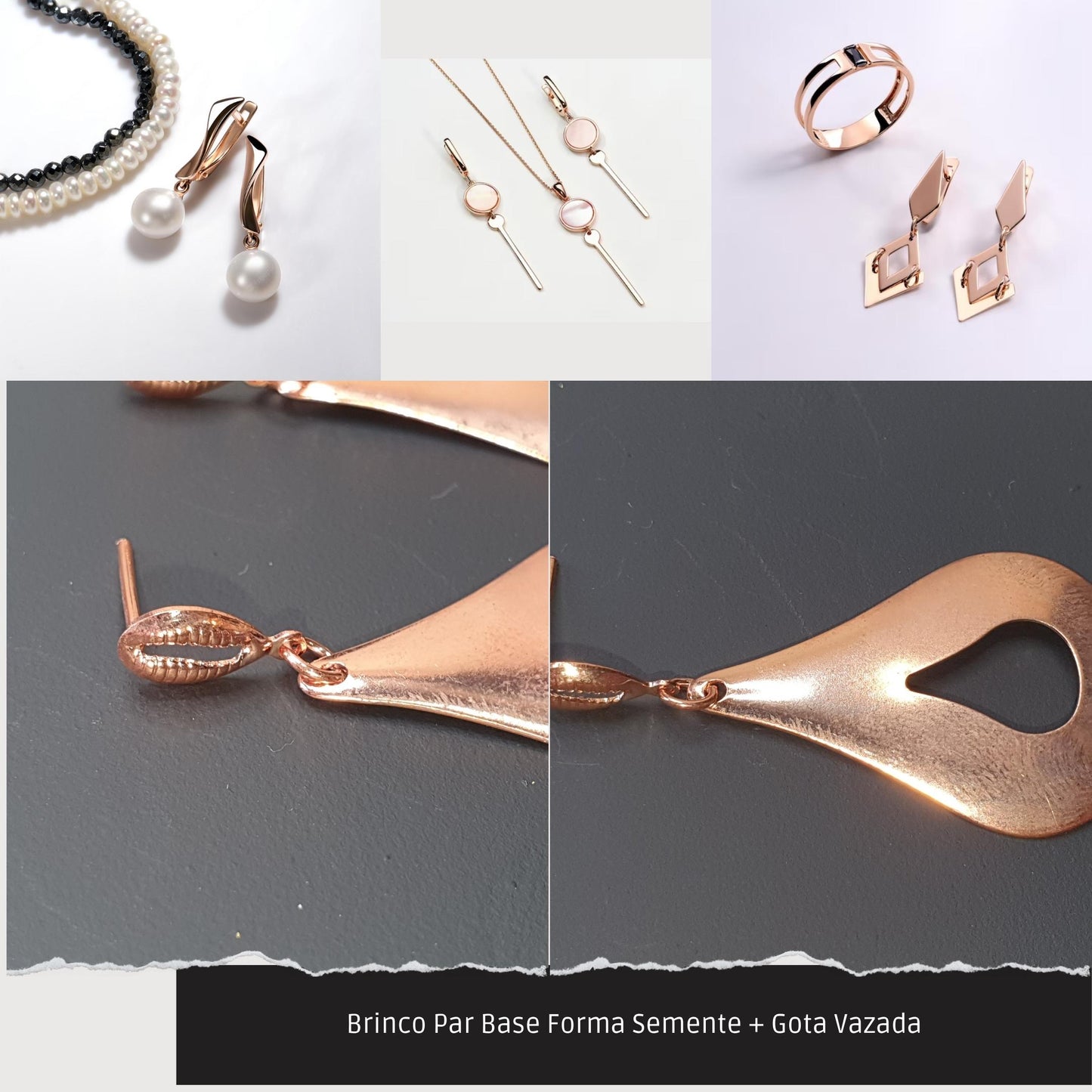 Brinco Par Base Forma Semente + Gota Vazada  - Código.: BR230013AIBR  - Peso.: 3.0 gr