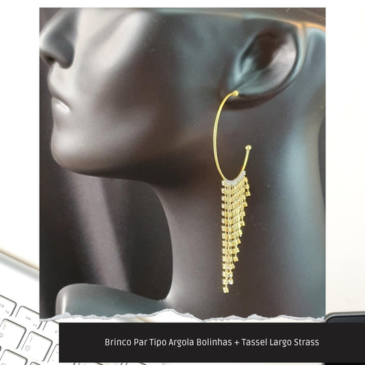 Brinco Par Tipo Argola Bolinhas + Tassel Largo Strass  - Código.: BR230014AIBR  - Peso.: 10.0 gr