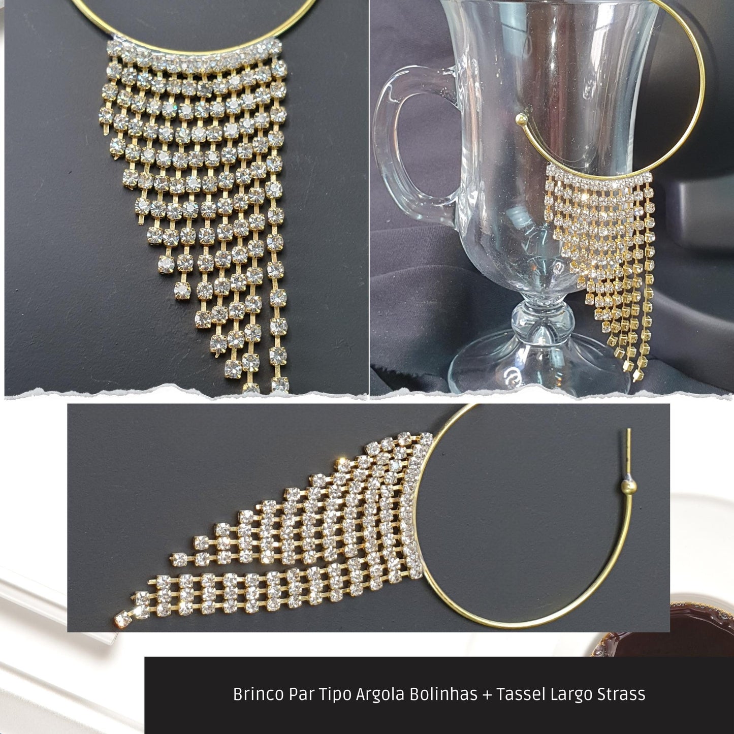 Brinco Par Tipo Argola Bolinhas + Tassel Largo Strass  - Código.: BR230014AIBR  - Peso.: 10.0 gr