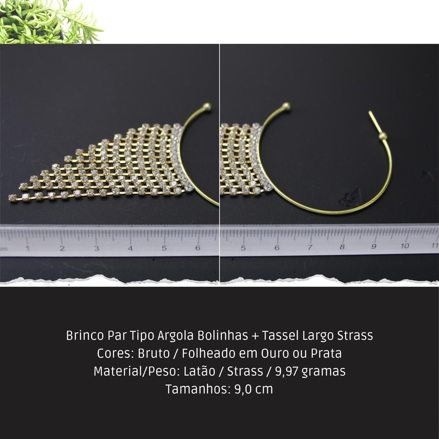 Brinco Par Tipo Argola Bolinhas + Tassel Largo Strass  - Código.: BR230014AIBR  - Peso.: 10.0 gr