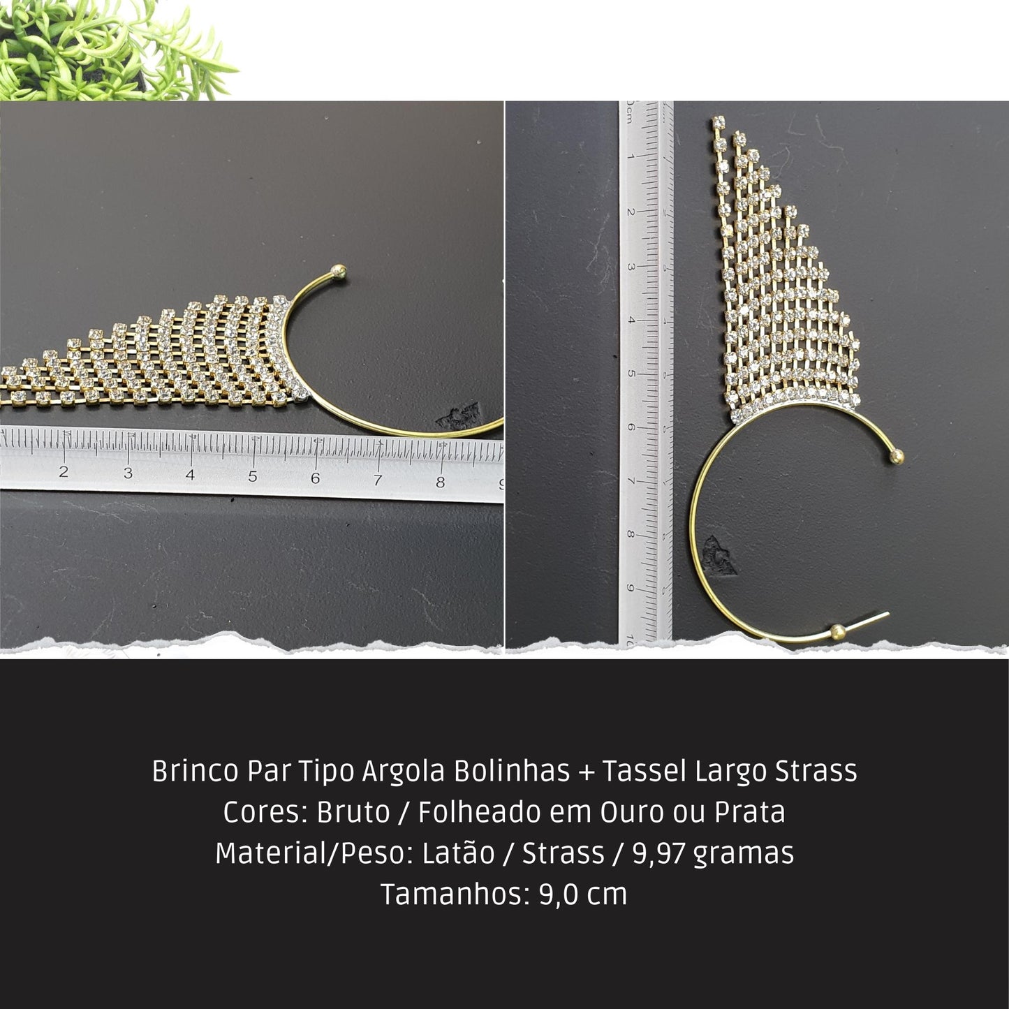 Brinco Par Tipo Argola Bolinhas + Tassel Largo Strass  - Código.: BR230014AIBR  - Peso.: 10.0 gr