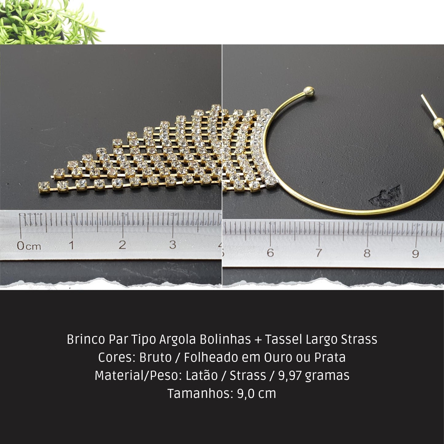 Brinco Par Tipo Argola Bolinhas + Tassel Largo Strass  - Código.: BR230014AIBR  - Peso.: 10.0 gr