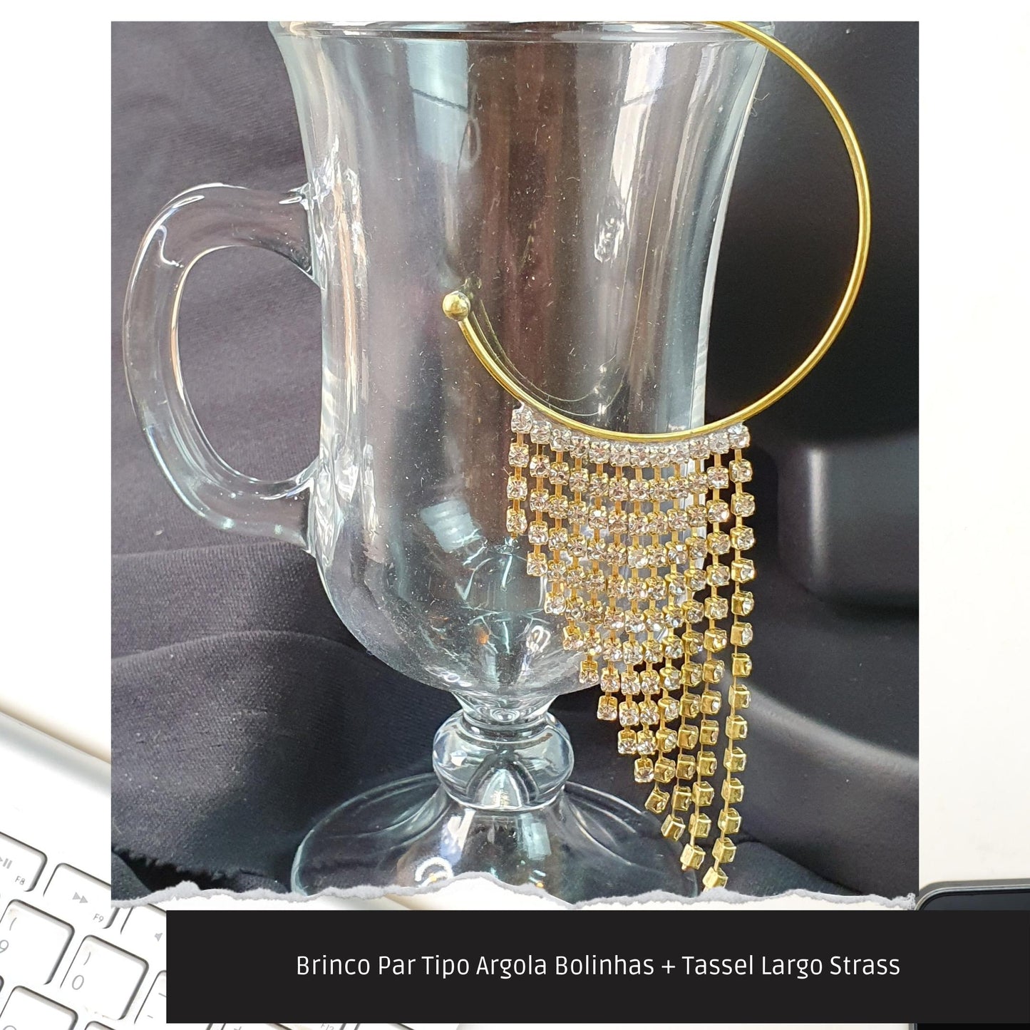 Brinco Par Tipo Argola Bolinhas + Tassel Largo Strass  - Código.: BR230014AIBR  - Peso.: 10.0 gr