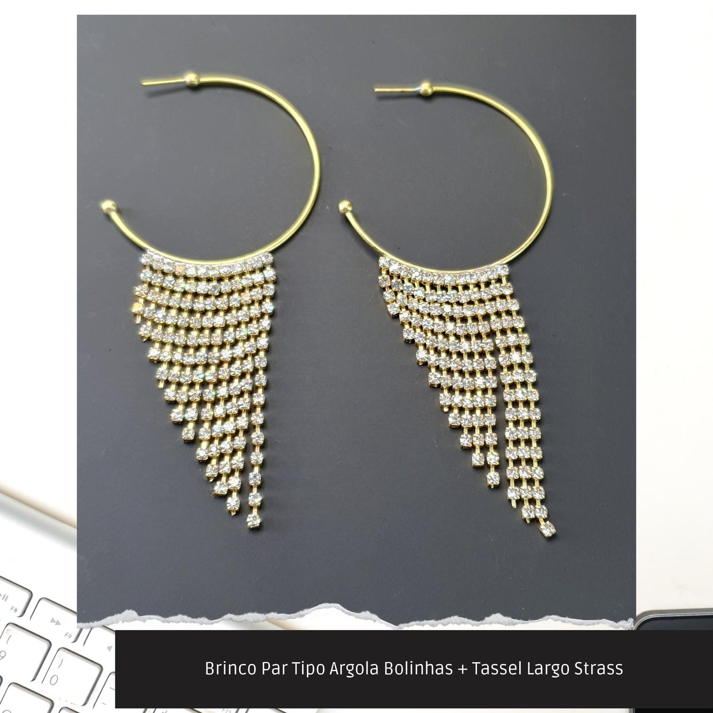 Brinco Par Tipo Argola Bolinhas + Tassel Largo Strass  - Código.: BR230014AIBR  - Peso.: 10.0 gr