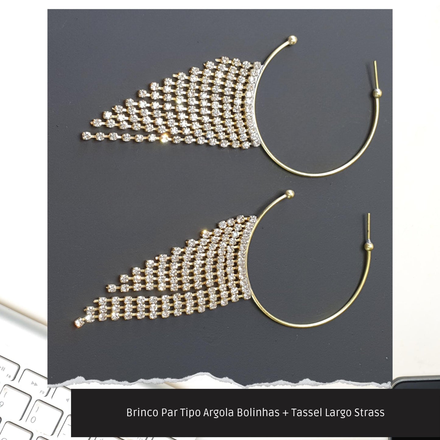 Brinco Par Tipo Argola Bolinhas + Tassel Largo Strass  - Código.: BR230014AIBR  - Peso.: 10.0 gr
