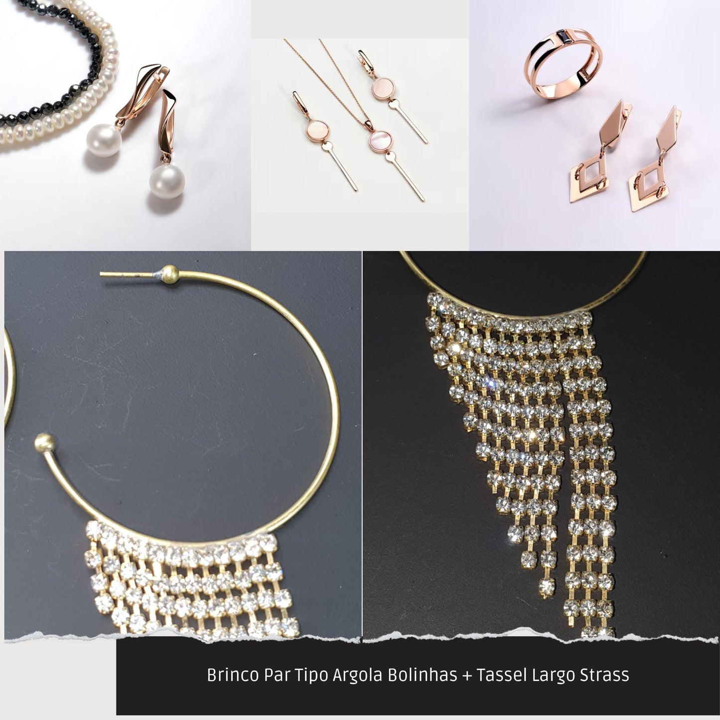 Brinco Par Tipo Argola Bolinhas + Tassel Largo Strass  - Código.: BR230014AIBR  - Peso.: 10.0 gr