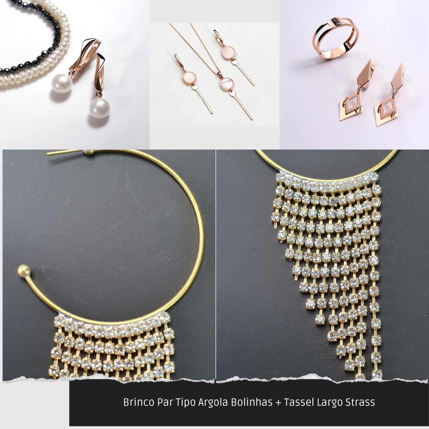 Brinco Par Tipo Argola Bolinhas + Tassel Largo Strass  - Código.: BR230014AIBR  - Peso.: 10.0 gr