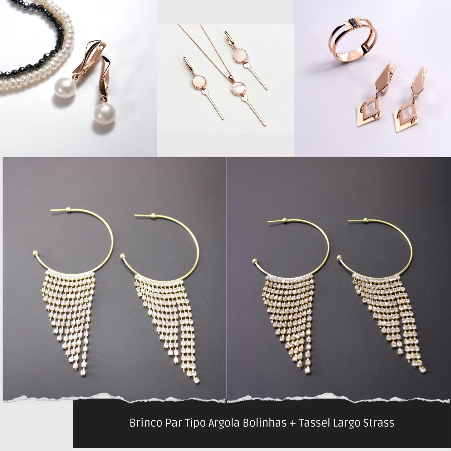 Brinco Par Tipo Argola Bolinhas + Tassel Largo Strass  - Código.: BR230014AIBR  - Peso.: 10.0 gr