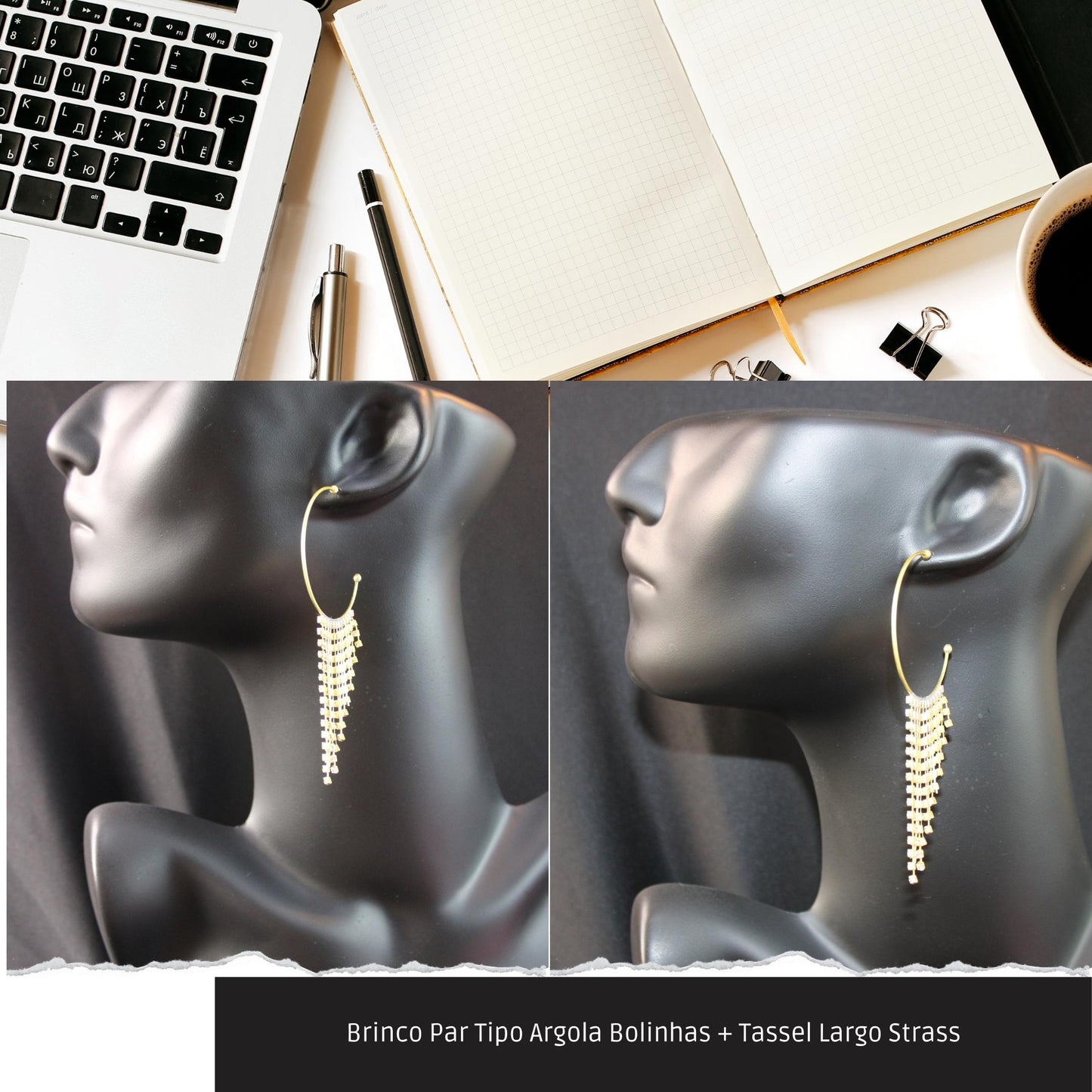 Brinco Par Tipo Argola Bolinhas + Tassel Largo Strass  - Código.: BR230014AIBR  - Peso.: 10.0 gr