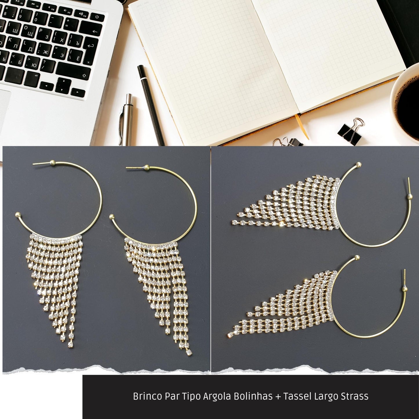 Brinco Par Tipo Argola Bolinhas + Tassel Largo Strass  - Código.: BR230014AIBR  - Peso.: 10.0 gr