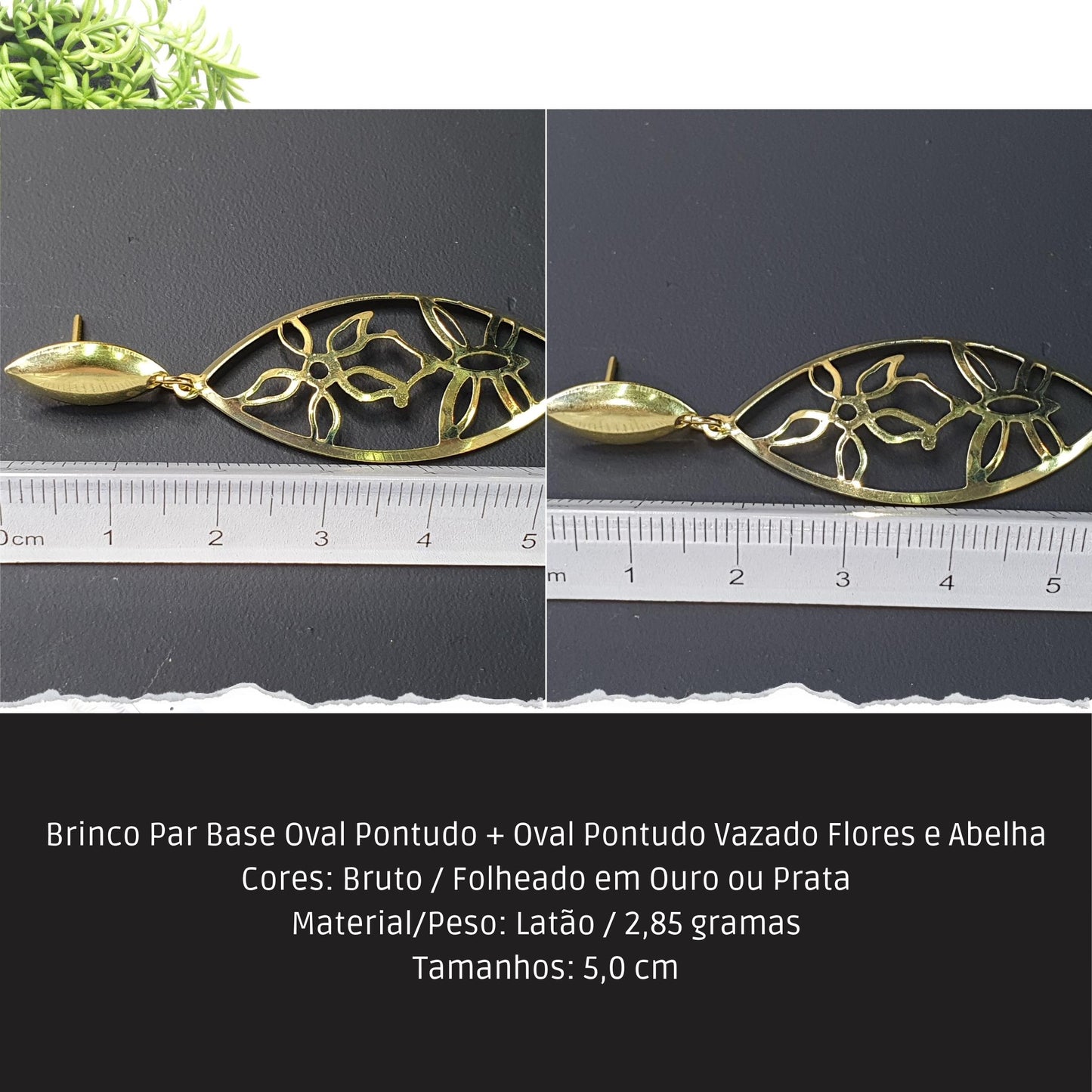 Brinco Par Base Oval Pontudo + Oval Pontudo Vazado Flores e Abelha  - Código.: BR230015AIBR  - Peso.: 2.9 gr
