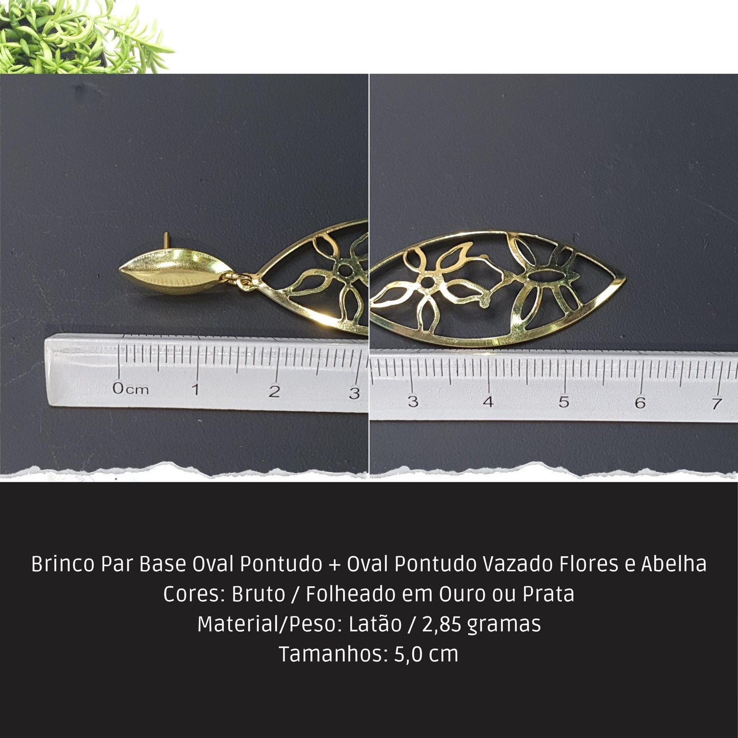 Brinco Par Base Oval Pontudo + Oval Pontudo Vazado Flores e Abelha  - Código.: BR230015AIBR  - Peso.: 2.9 gr