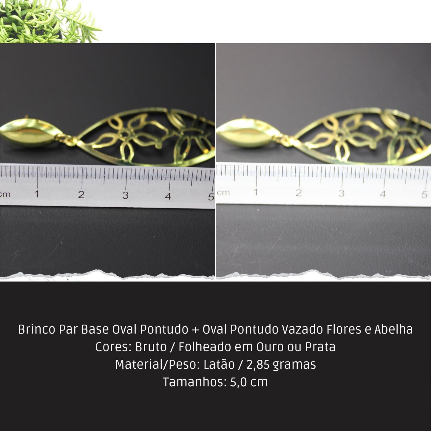 Brinco Par Base Oval Pontudo + Oval Pontudo Vazado Flores e Abelha  - Código.: BR230015AIBR  - Peso.: 2.9 gr