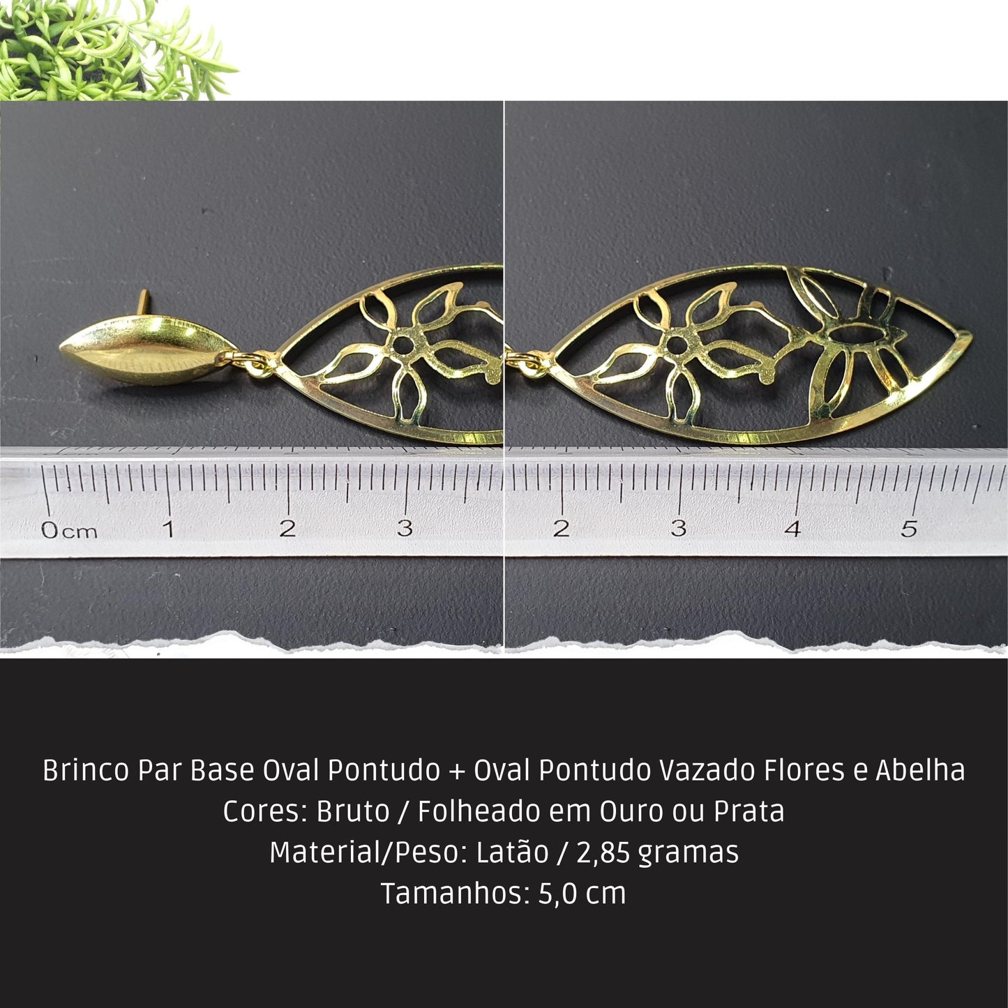 Brinco Par Base Oval Pontudo + Oval Pontudo Vazado Flores e Abelha  - Código.: BR230015AIBR  - Peso.: 2.9 gr