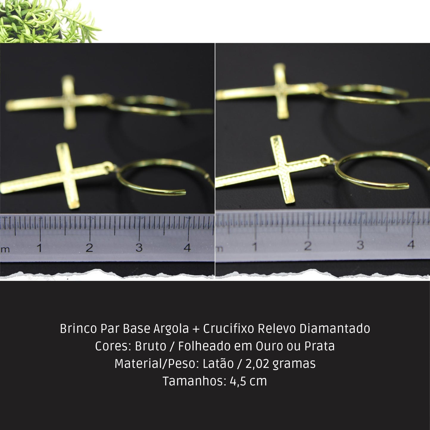 Brinco Par Base Argola + Crucifixo Relevo Diamantado  - Código.: BR230016AIBR  - Peso.: 2.0 gr