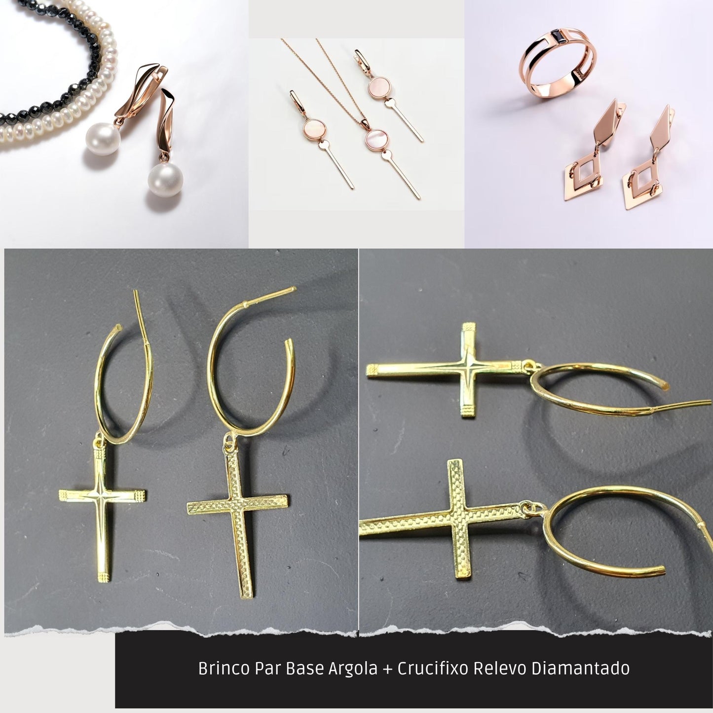 Brinco Par Base Argola + Crucifixo Relevo Diamantado  - Código.: BR230016AIBR  - Peso.: 2.0 gr