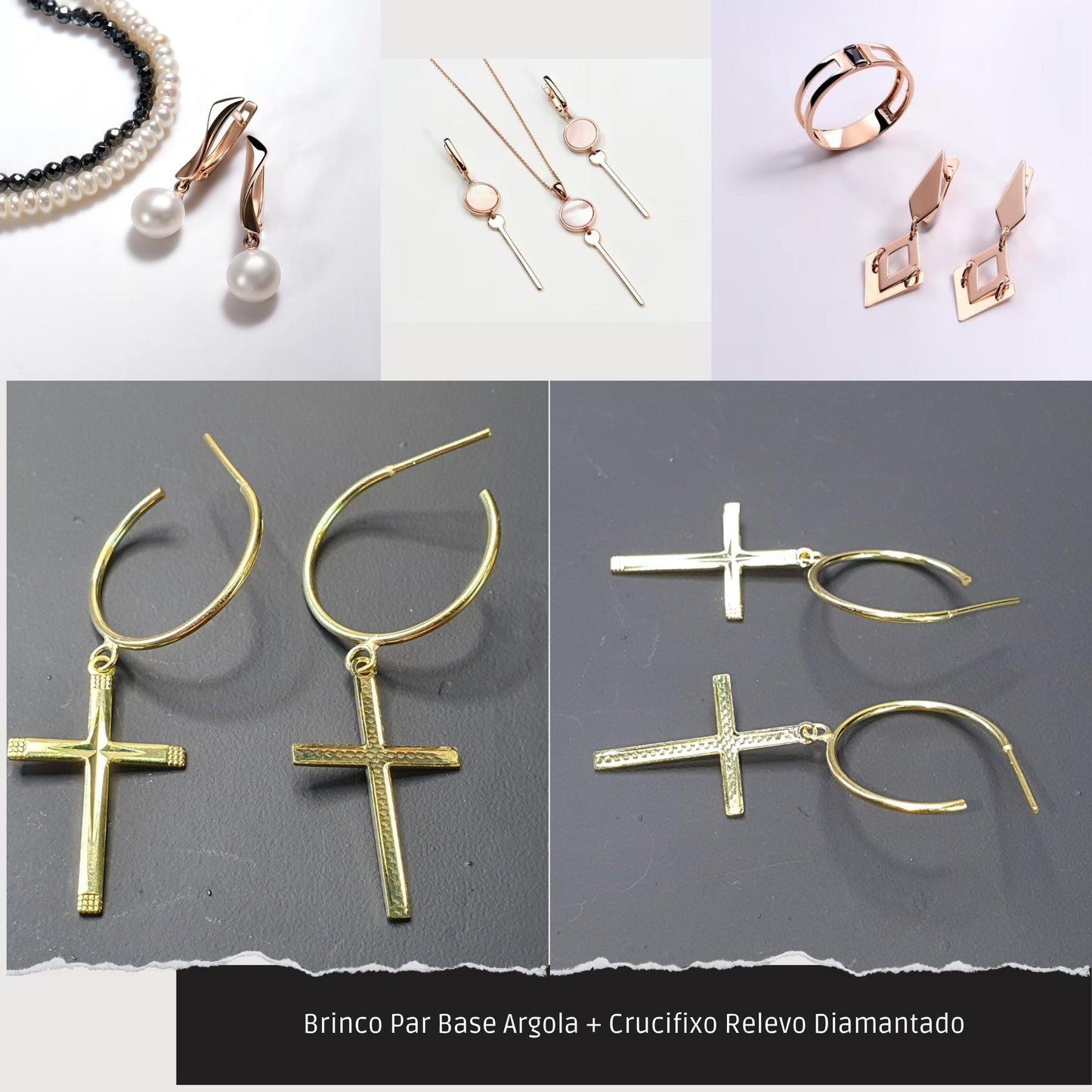 Brinco Par Base Argola + Crucifixo Relevo Diamantado  - Código.: BR230016AIBR  - Peso.: 2.0 gr