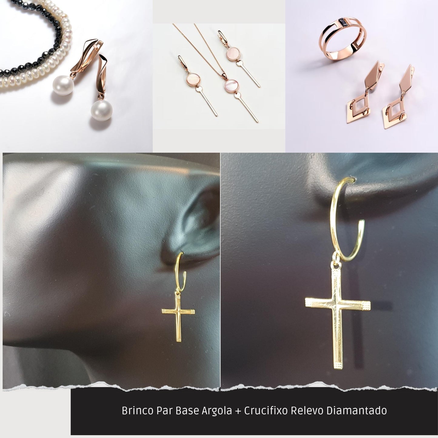 Brinco Par Base Argola + Crucifixo Relevo Diamantado  - Código.: BR230016AIBR  - Peso.: 2.0 gr