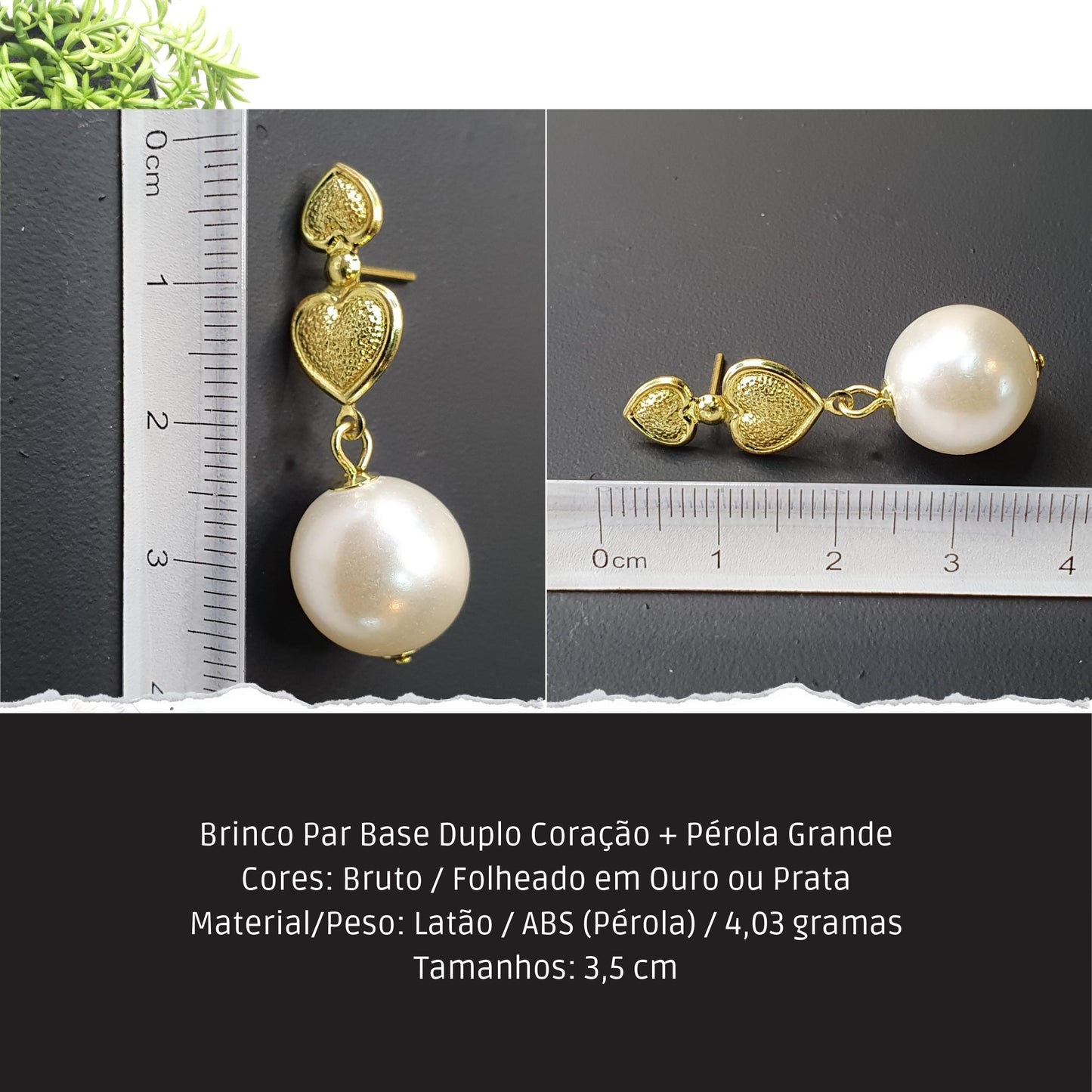 Brinco Par Base Duplo Coração + Pérola Grande  - Código.: BR230017AIBR  - Peso.: 4.3 gr
