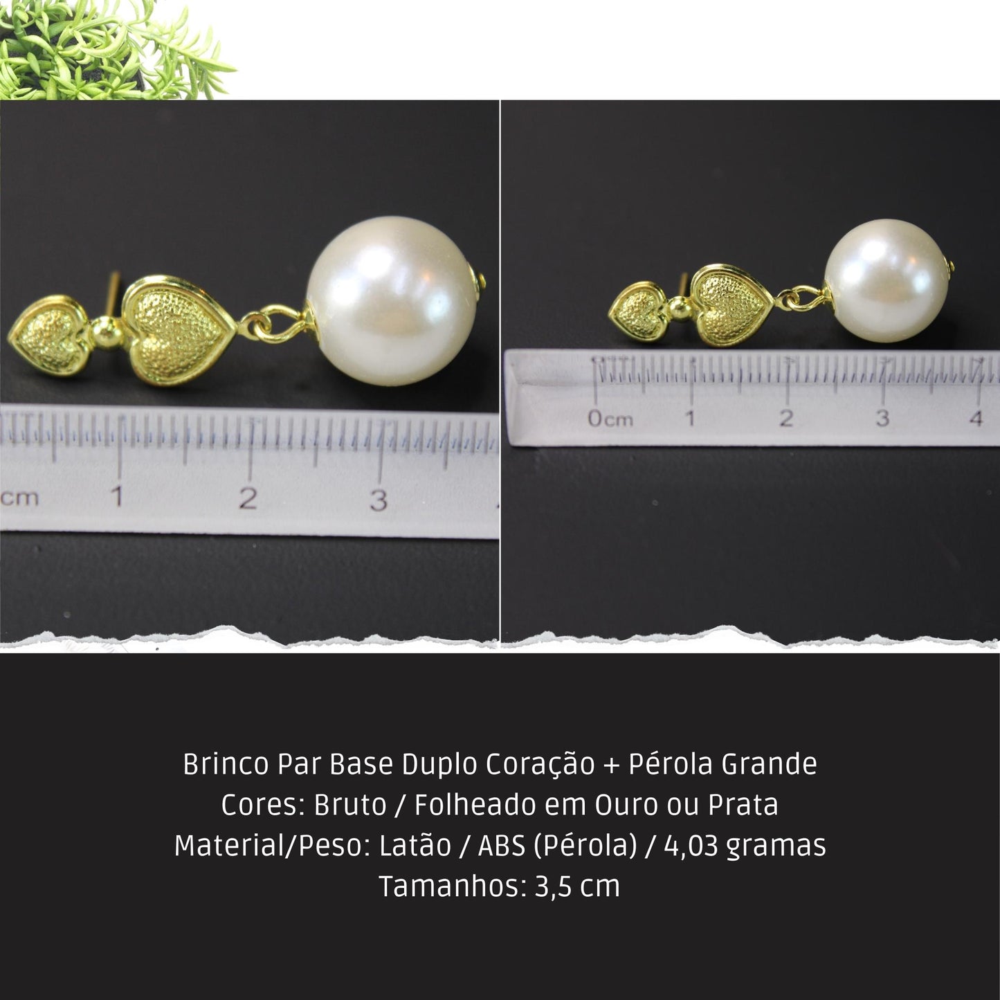 Brinco Par Base Duplo Coração + Pérola Grande  - Código.: BR230017AIBR  - Peso.: 4.3 gr