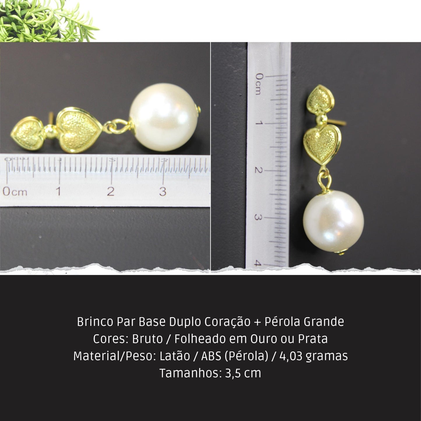 Brinco Par Base Duplo Coração + Pérola Grande  - Código.: BR230017AIBR  - Peso.: 4.3 gr