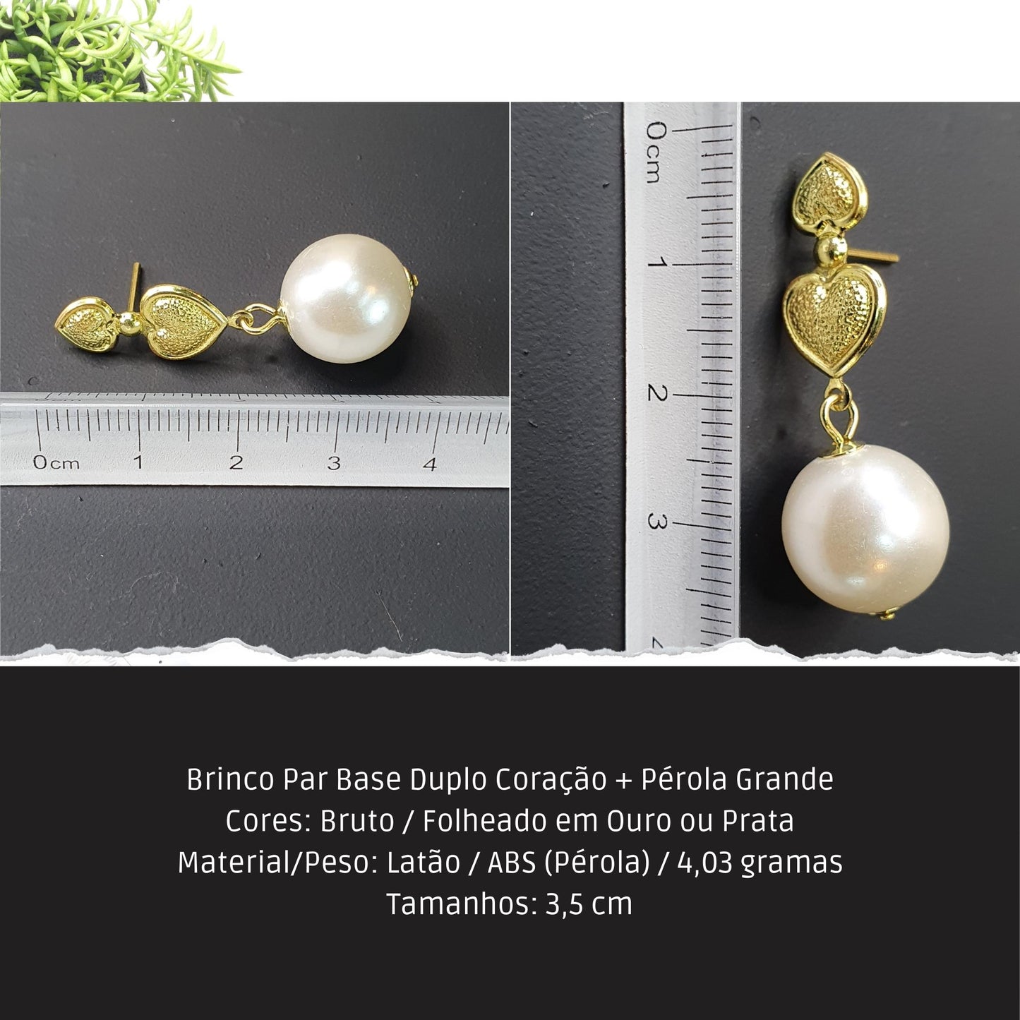 Brinco Par Base Duplo Coração + Pérola Grande  - Código.: BR230017AIBR  - Peso.: 4.3 gr