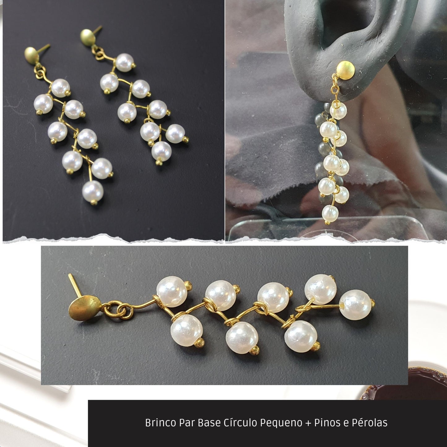 Brinco Par Base Círculo Pequeno + Pinos e Pérolas   - Código.: BR230018AIBR  - Peso.: 3.3 gr