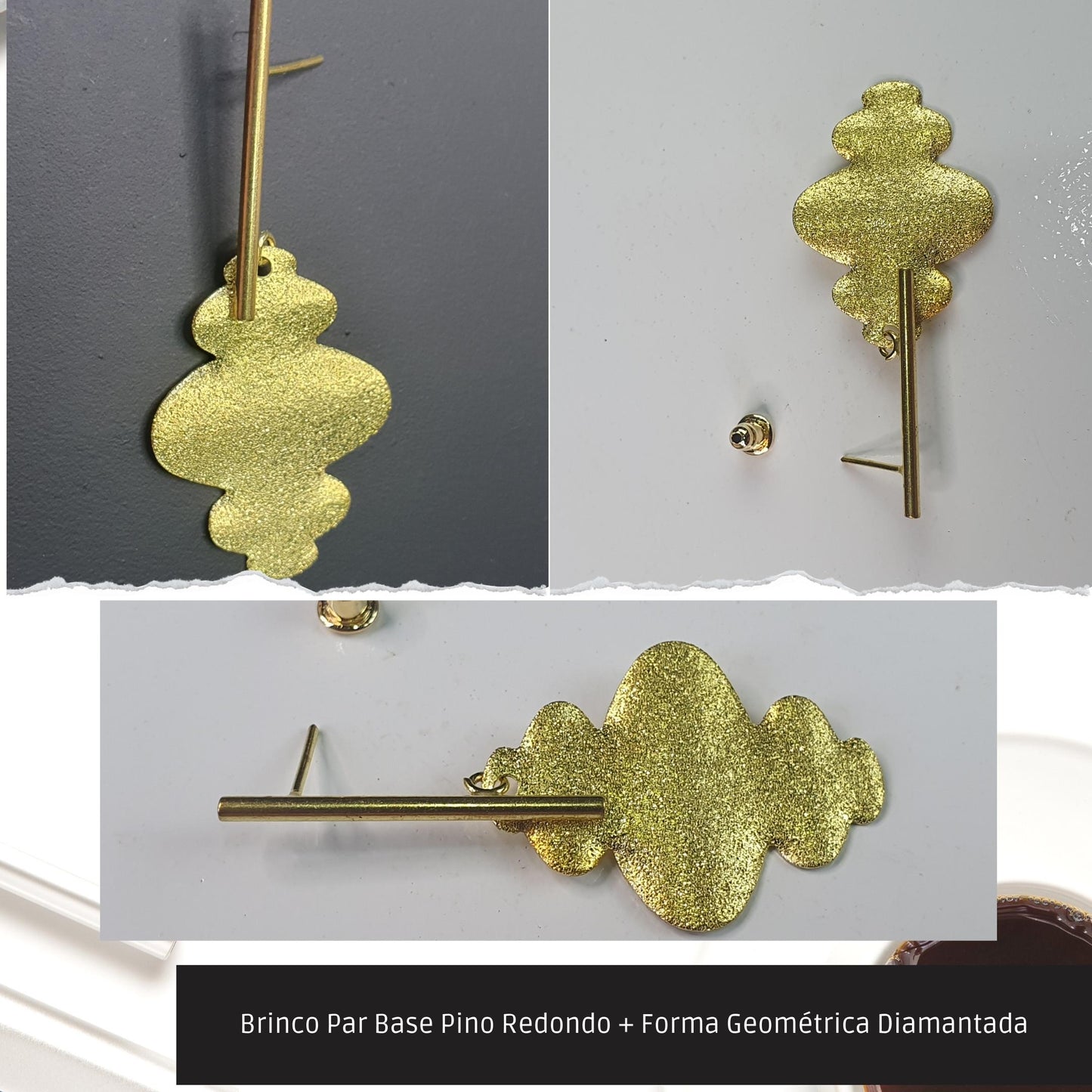 Brinco Par Base Pino Redondo + Forma Geométrica Diamantada  - Código.: BR230025AIBR  - Peso.: 3.5 gr