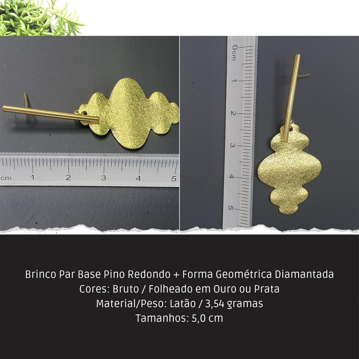Brinco Par Base Pino Redondo + Forma Geométrica Diamantada  - Código.: BR230025AIBR  - Peso.: 3.5 gr