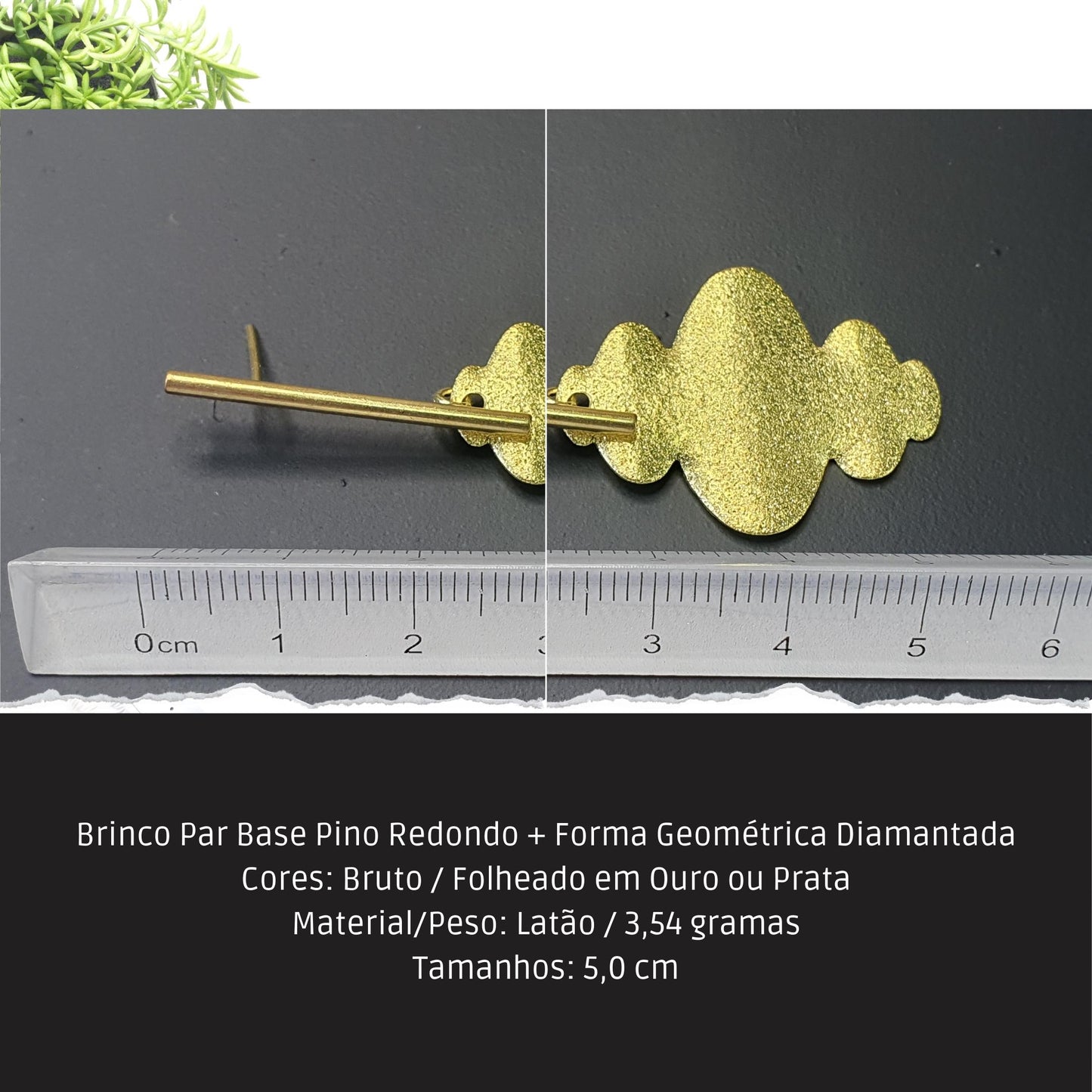 Brinco Par Base Pino Redondo + Forma Geométrica Diamantada  - Código.: BR230025AIBR  - Peso.: 3.5 gr
