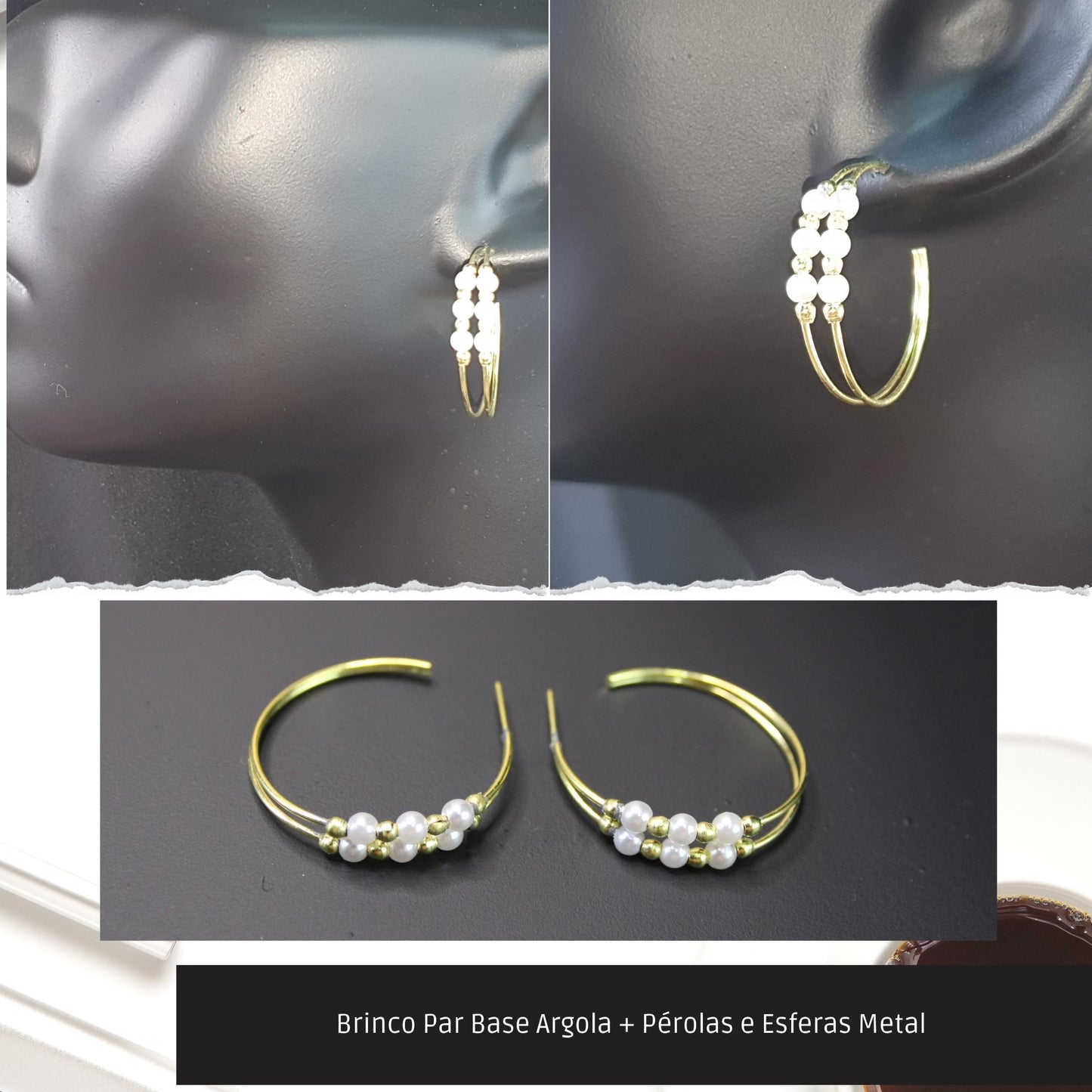 Brinco Par Base Argola + Pérolas e Esferas Metal   - Código.: BR230026AIBR  - Peso.: 3.8 gr