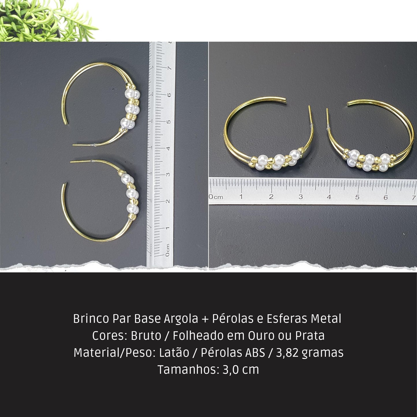 Brinco Par Base Argola + Pérolas e Esferas Metal   - Código.: BR230026AIBR  - Peso.: 3.8 gr