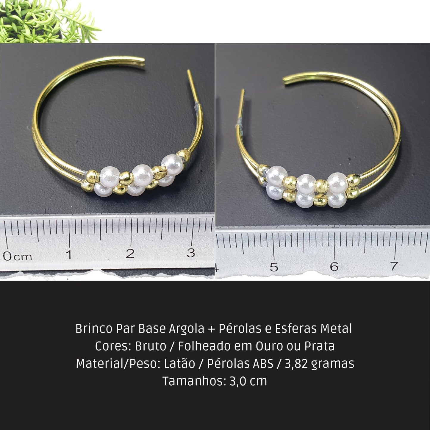 Brinco Par Base Argola + Pérolas e Esferas Metal   - Código.: BR230026AIBR  - Peso.: 3.8 gr