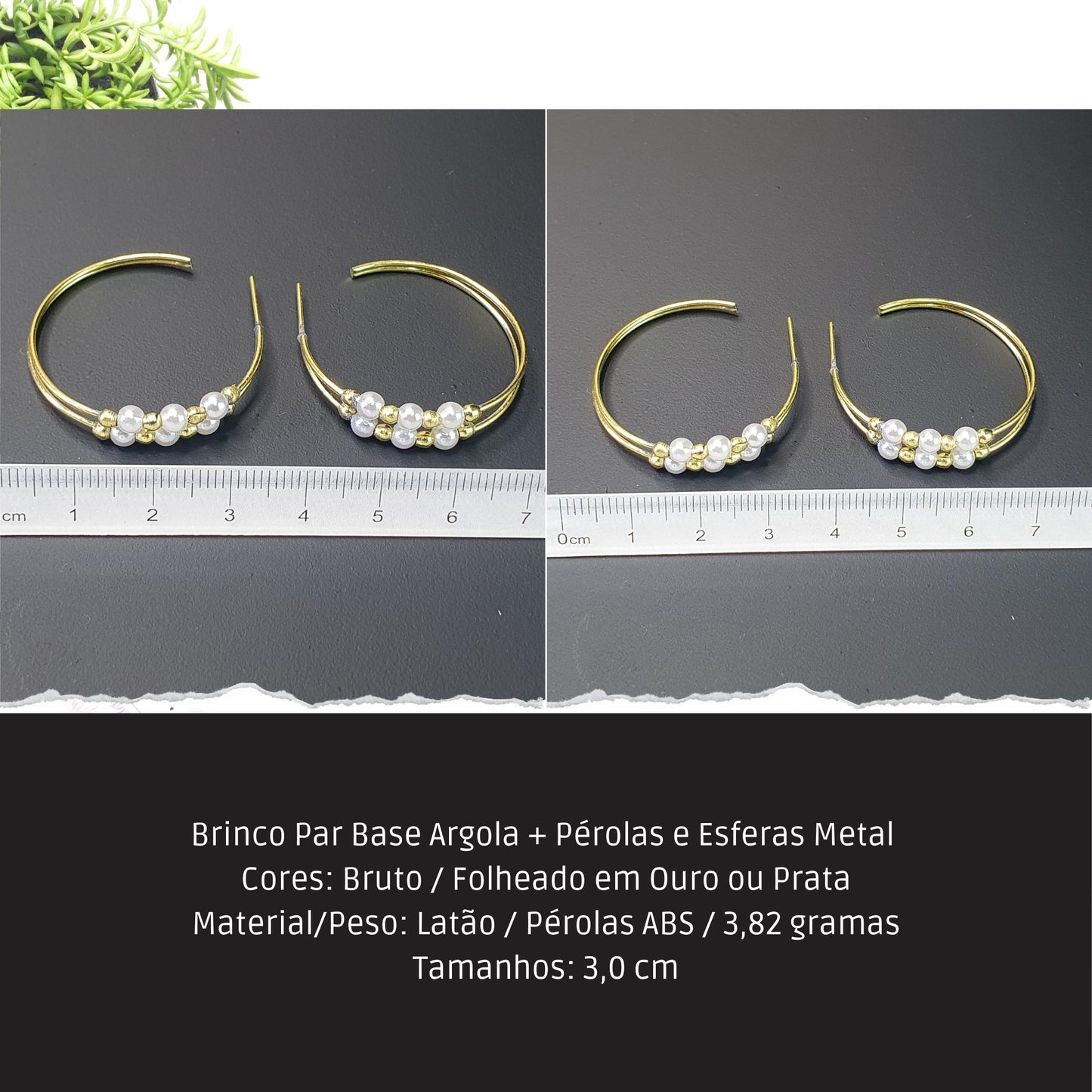 Brinco Par Base Argola + Pérolas e Esferas Metal   - Código.: BR230026AIBR  - Peso.: 3.8 gr