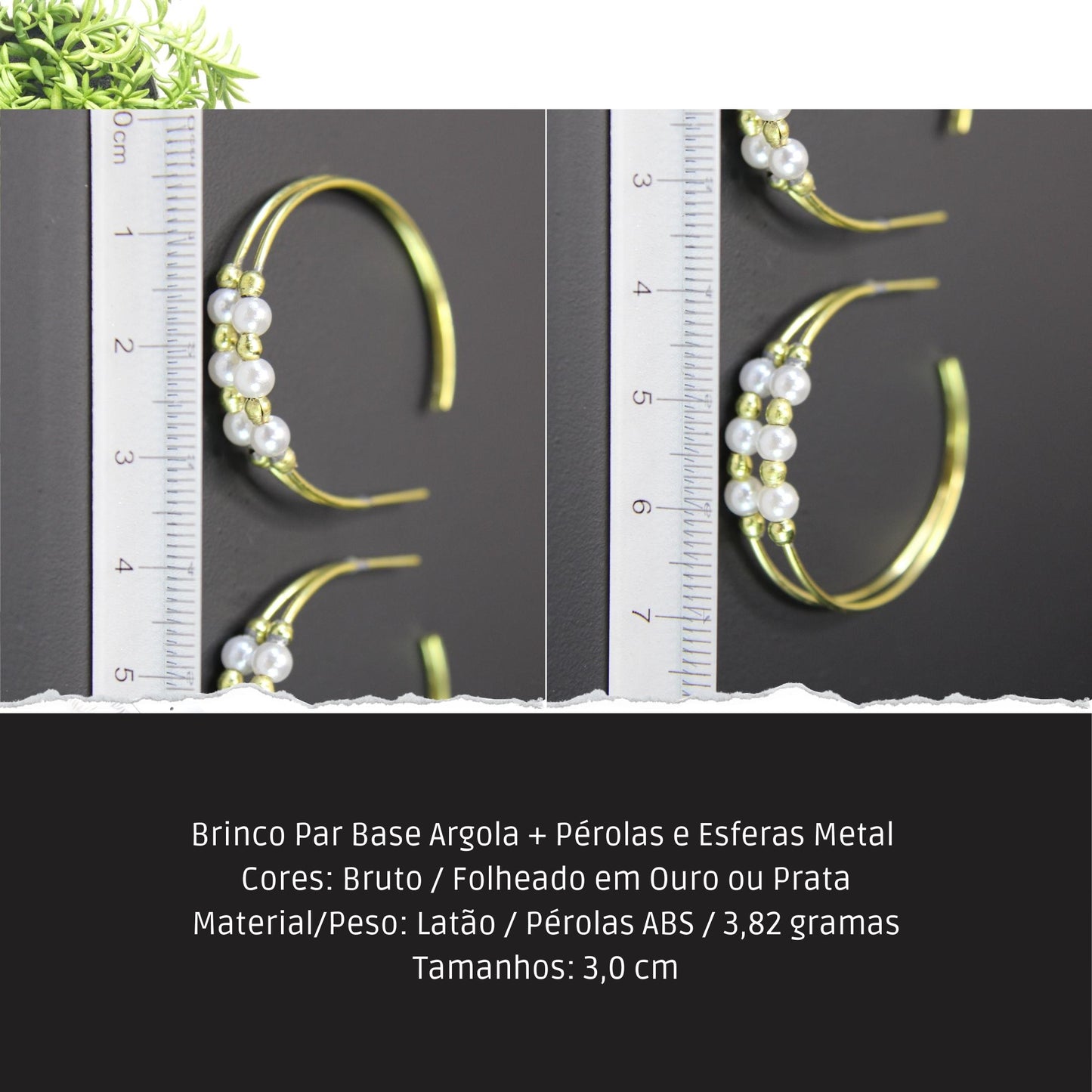 Brinco Par Base Argola + Pérolas e Esferas Metal   - Código.: BR230026AIBR  - Peso.: 3.8 gr