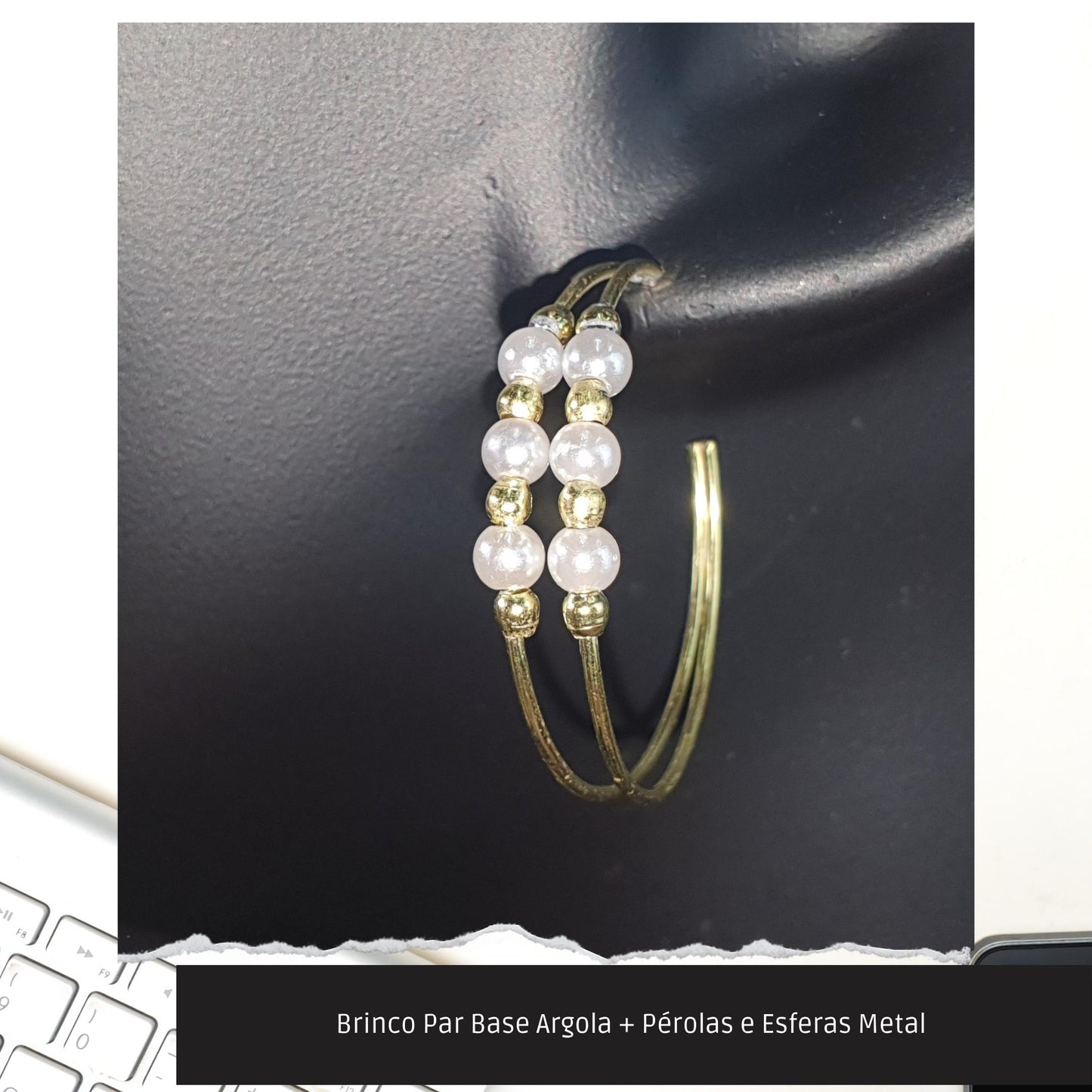 Brinco Par Base Argola + Pérolas e Esferas Metal   - Código.: BR230026AIBR  - Peso.: 3.8 gr