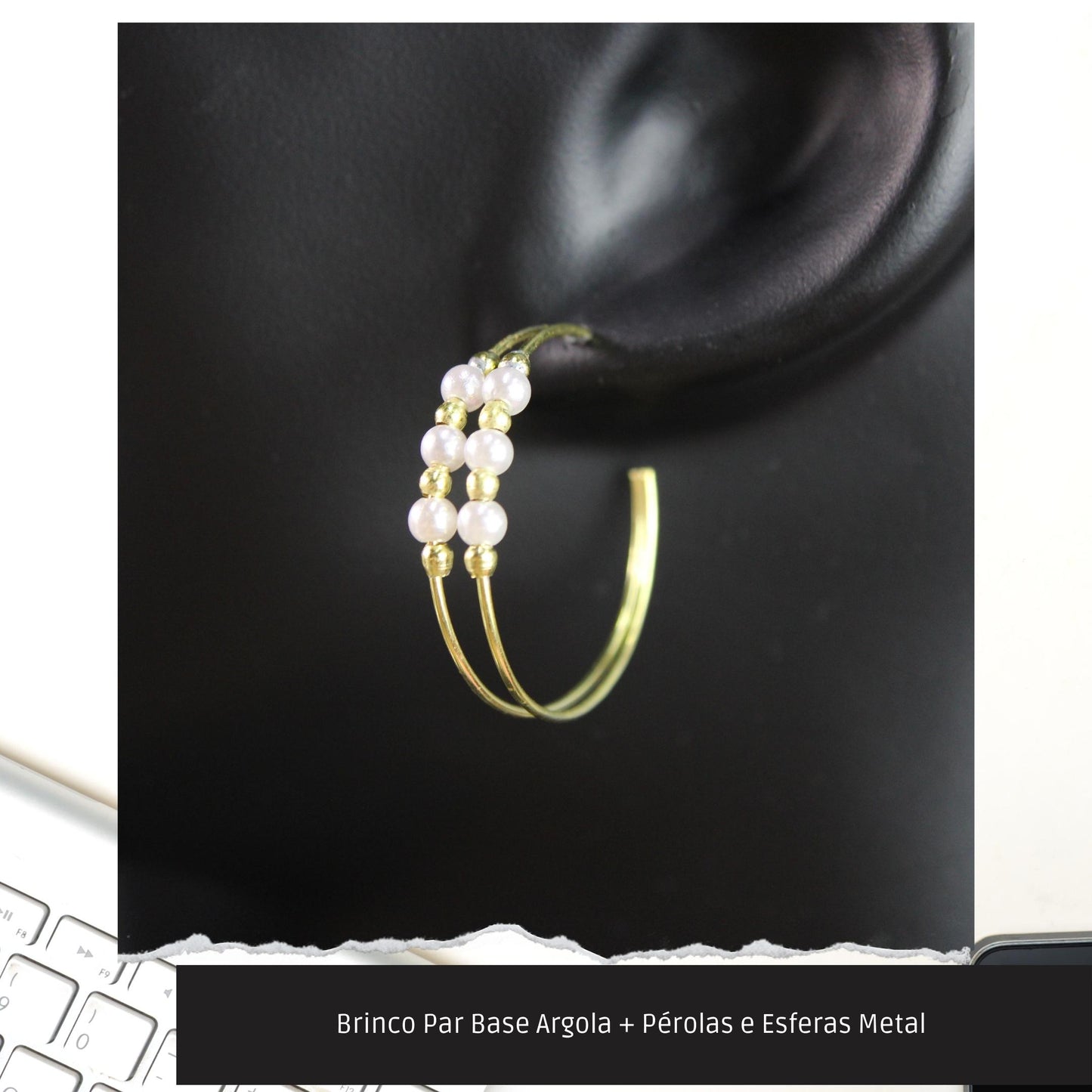 Brinco Par Base Argola + Pérolas e Esferas Metal   - Código.: BR230026AIBR  - Peso.: 3.8 gr