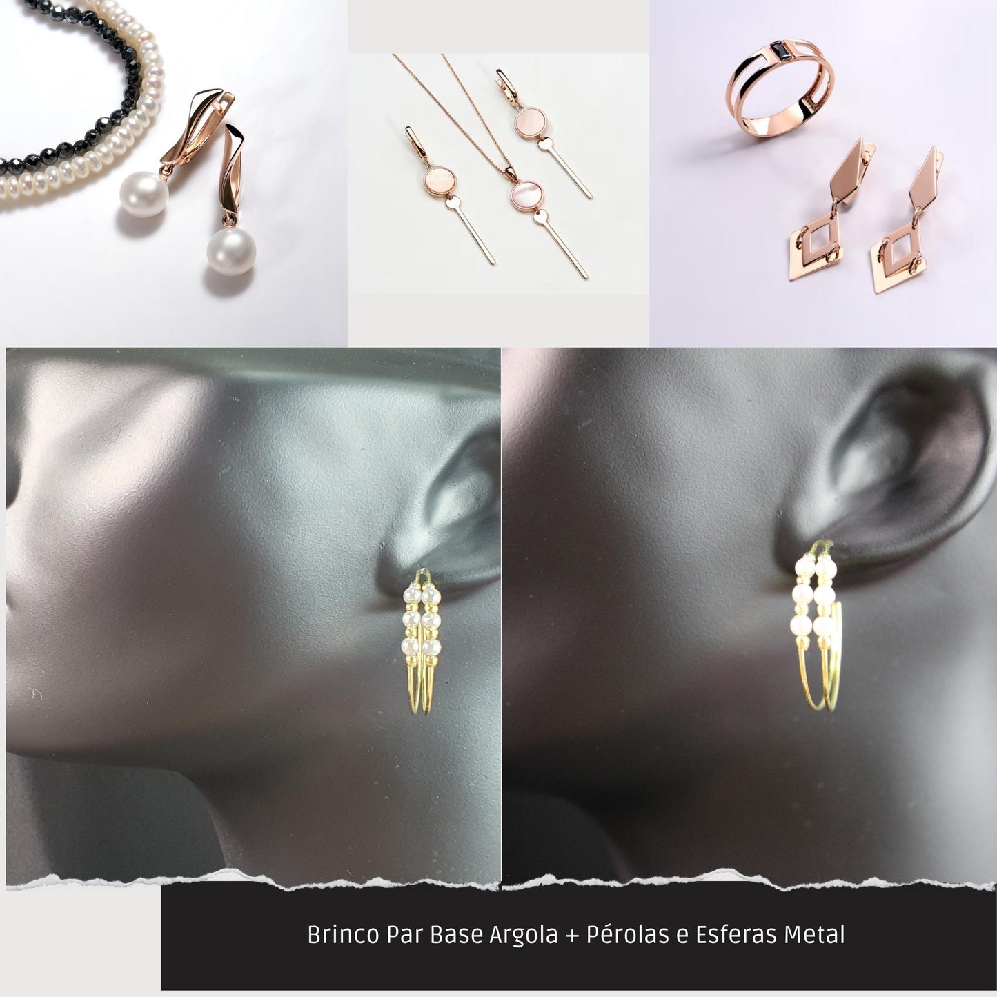 Brinco Par Base Argola + Pérolas e Esferas Metal   - Código.: BR230026AIBR  - Peso.: 3.8 gr