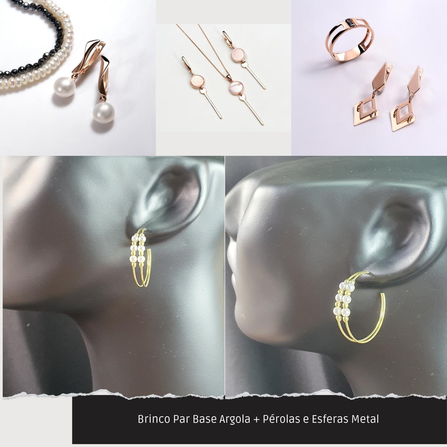 Brinco Par Base Argola + Pérolas e Esferas Metal   - Código.: BR230026AIBR  - Peso.: 3.8 gr